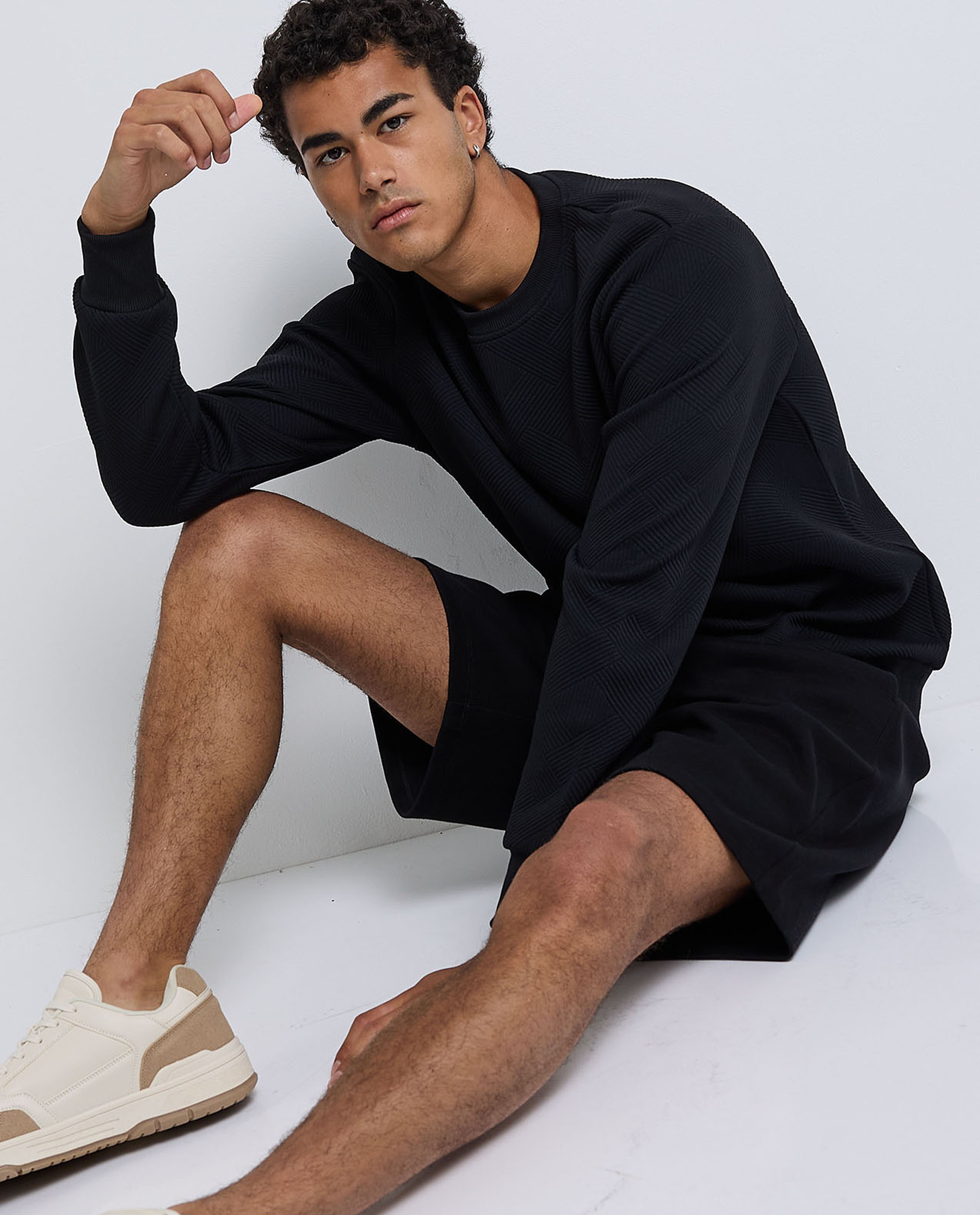 Self Patterned Sweatshirt with Crew Neck and Long Sleeves