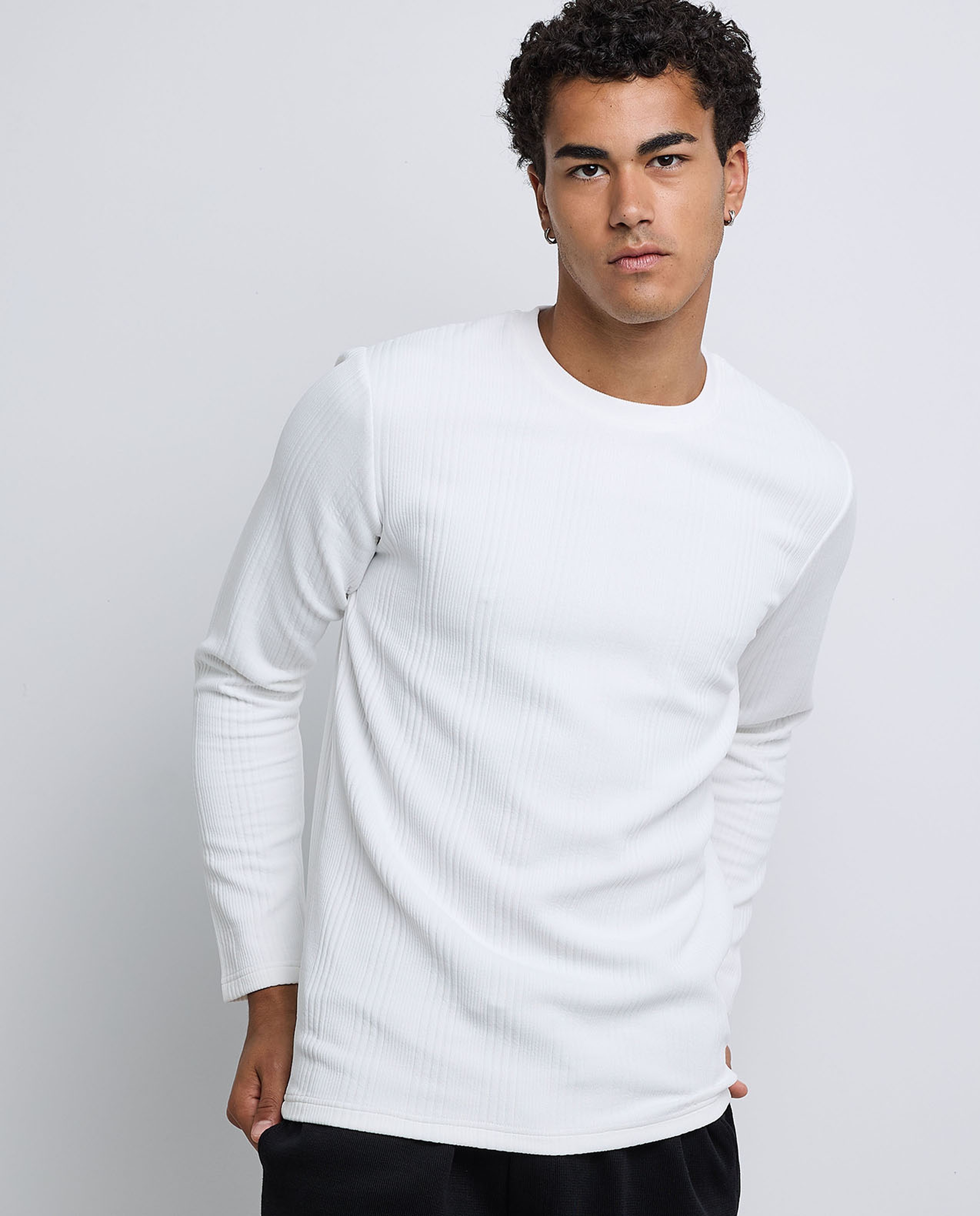 Textured T-Shirt with Crew Neck and Long Sleeves