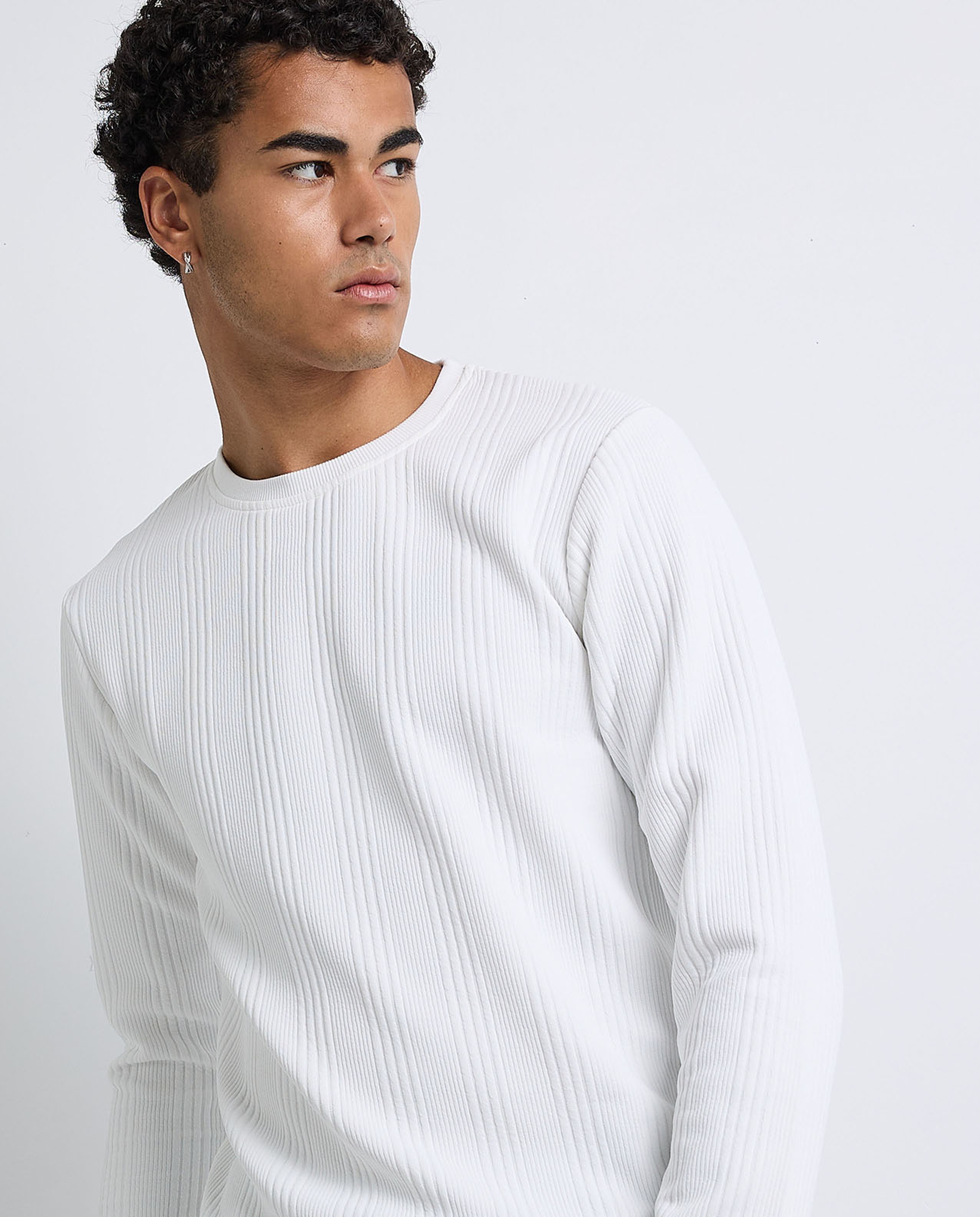 Textured T-Shirt with Crew Neck and Long Sleeves