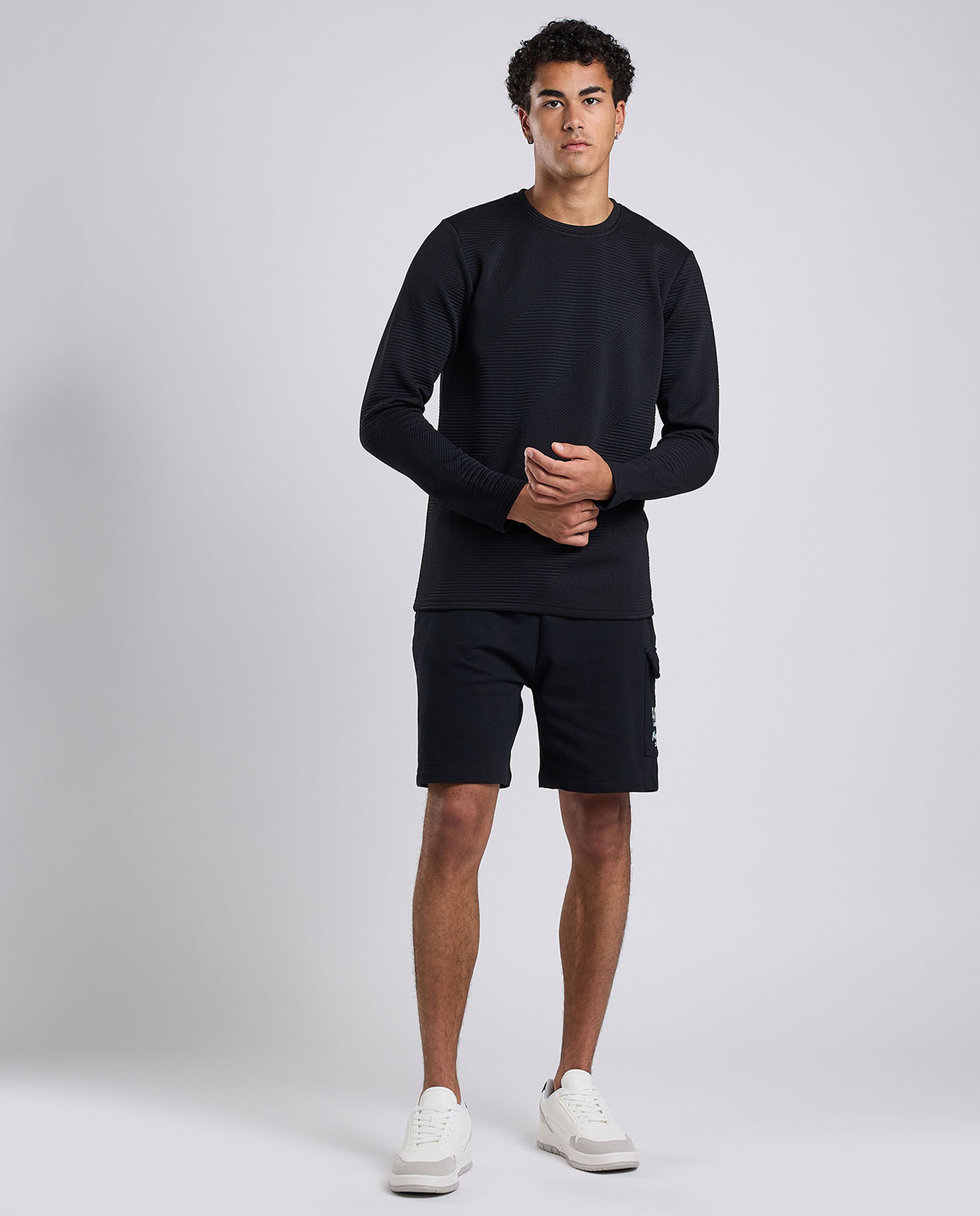 Textured T-Shirt with Crew Neck and Long Sleeves