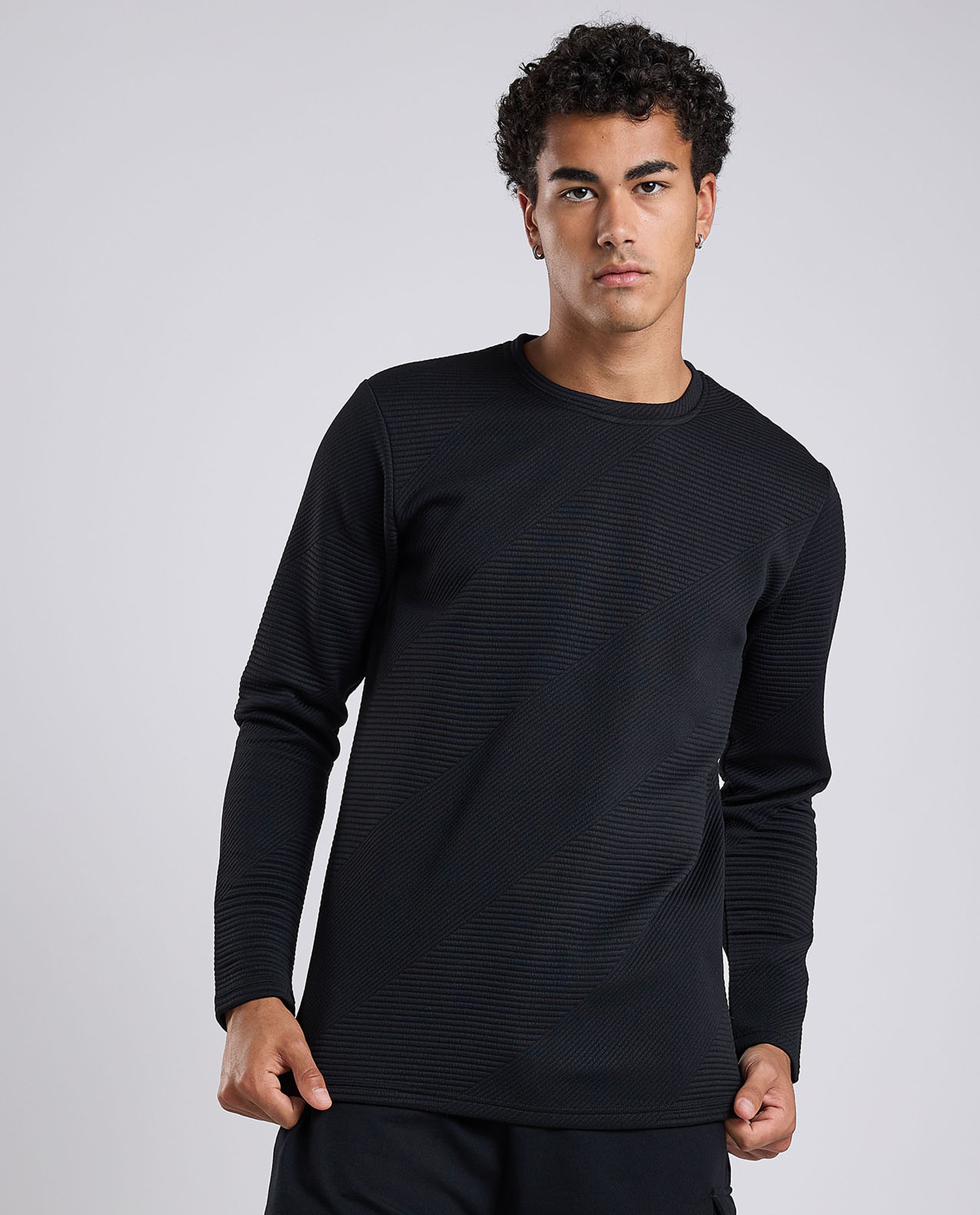 Textured T-Shirt with Crew Neck and Long Sleeves