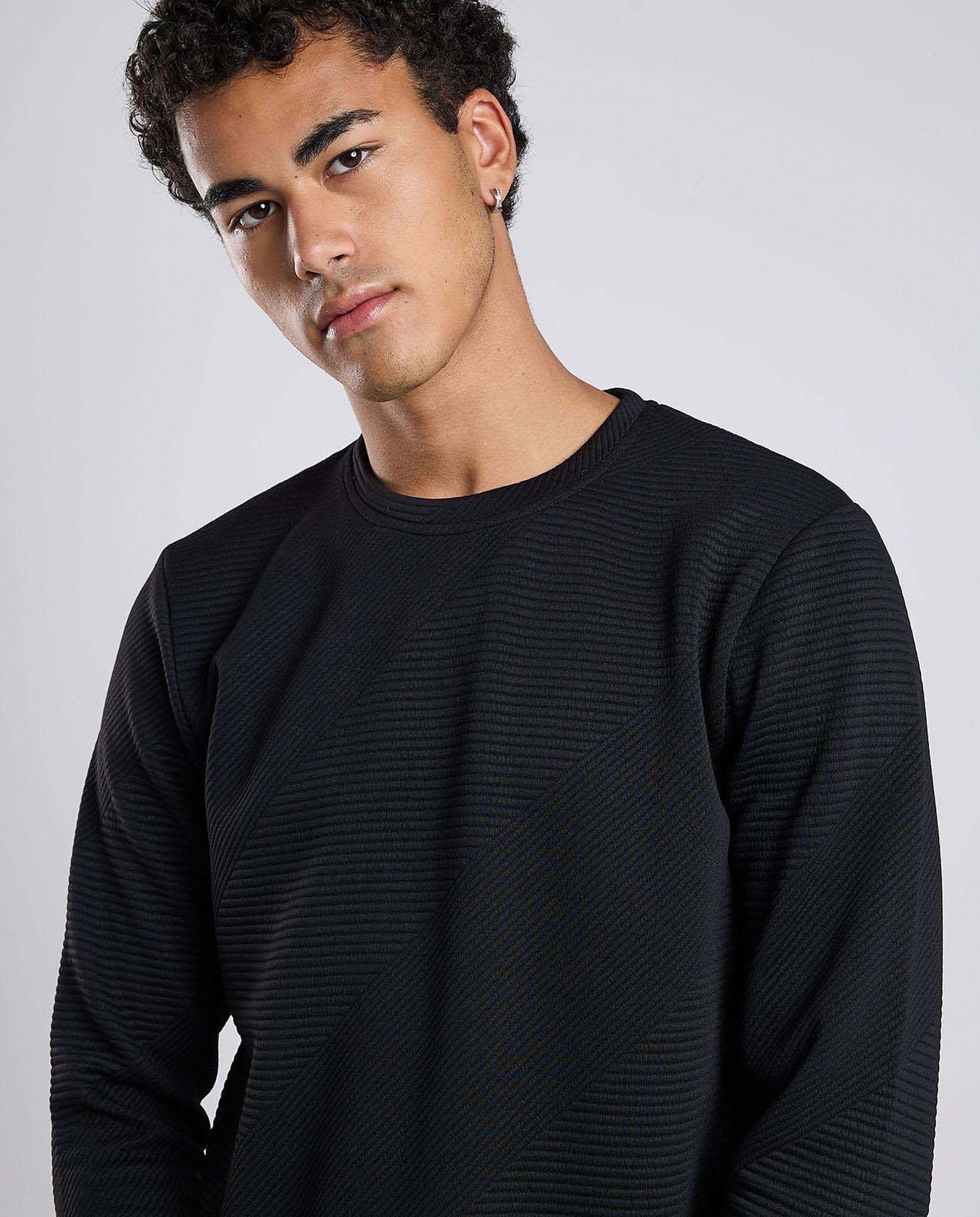 Textured T-Shirt with Crew Neck and Long Sleeves