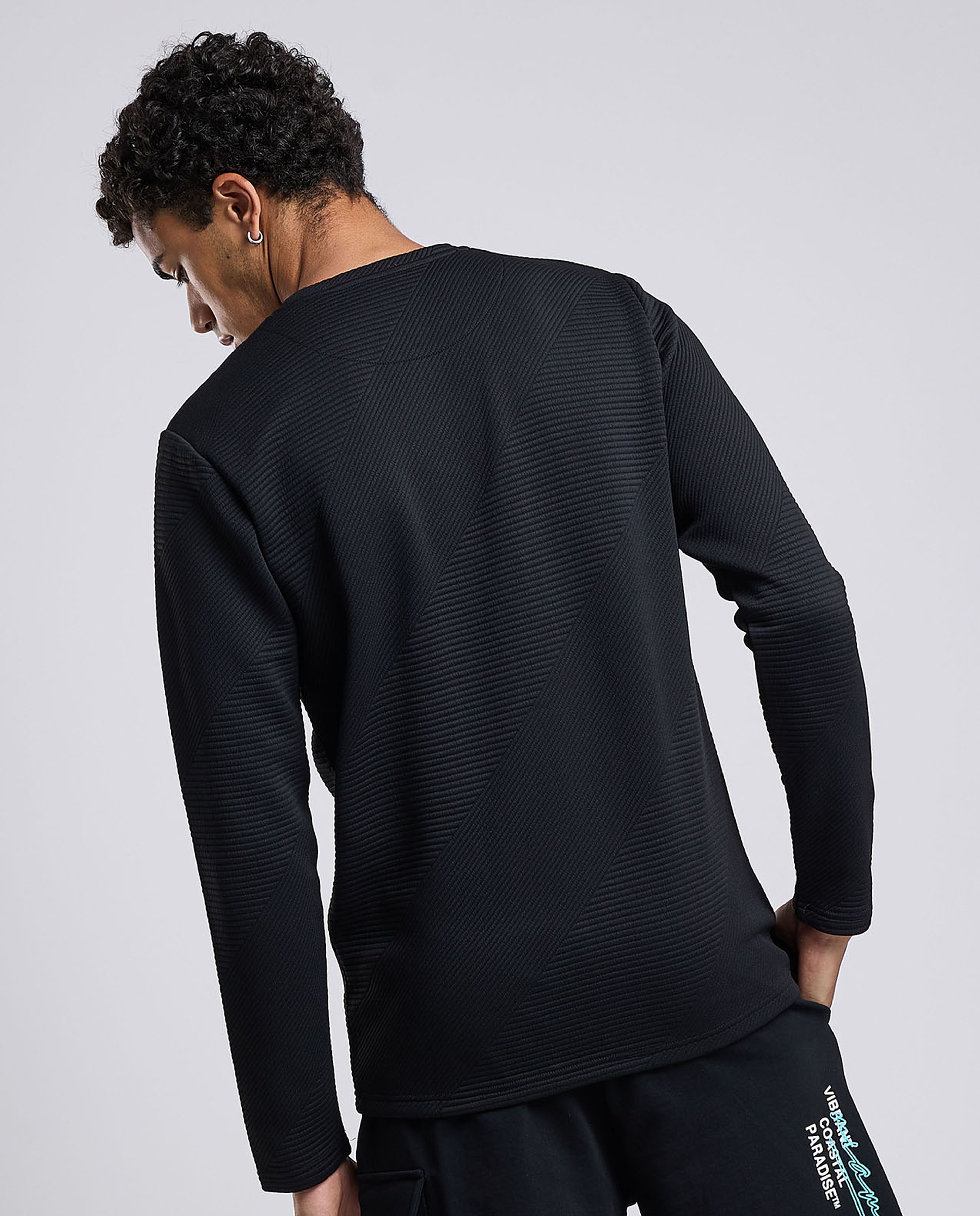 Textured T-Shirt with Crew Neck and Long Sleeves
