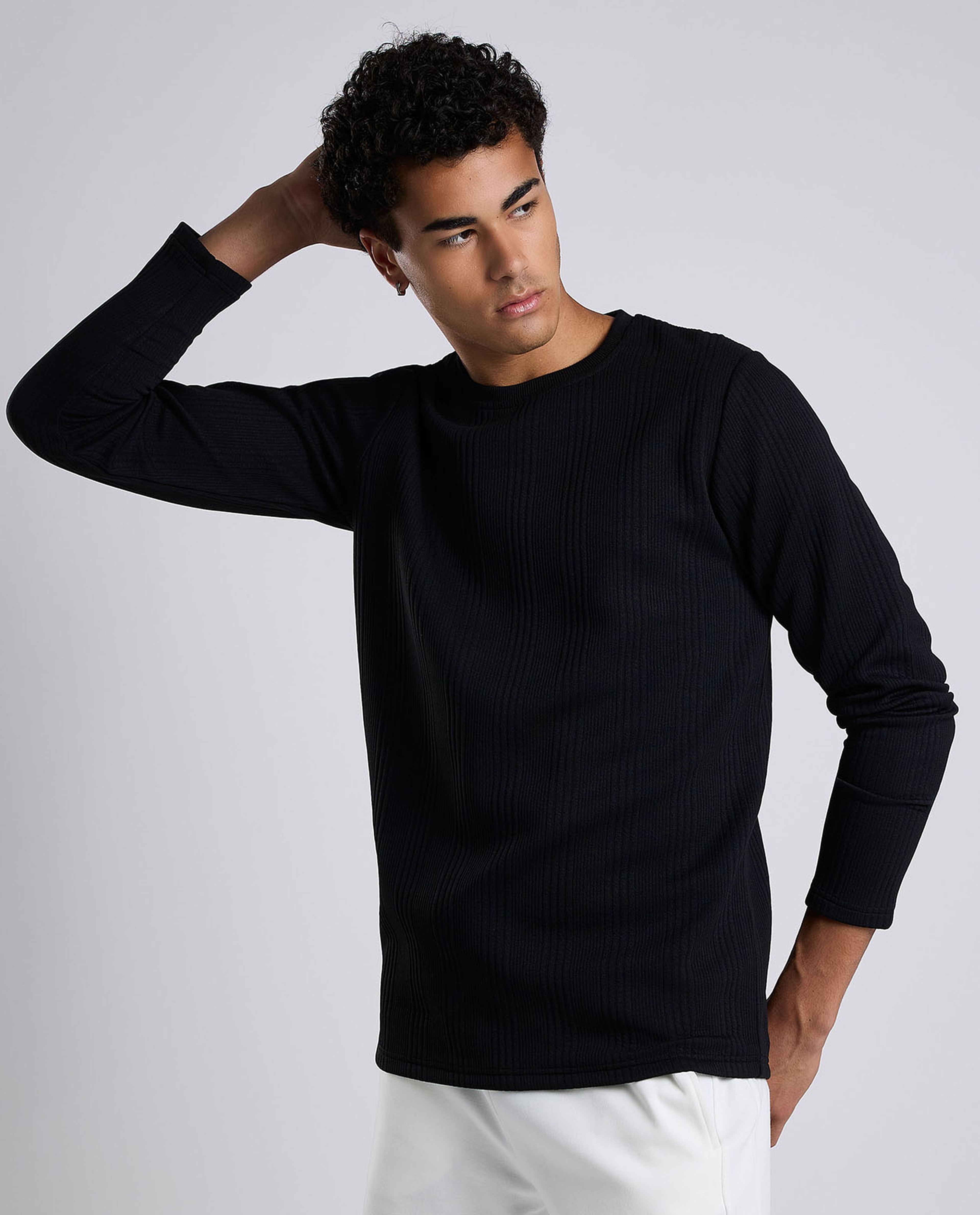 Textured T-Shirt with Crew Neck and Long Sleeves