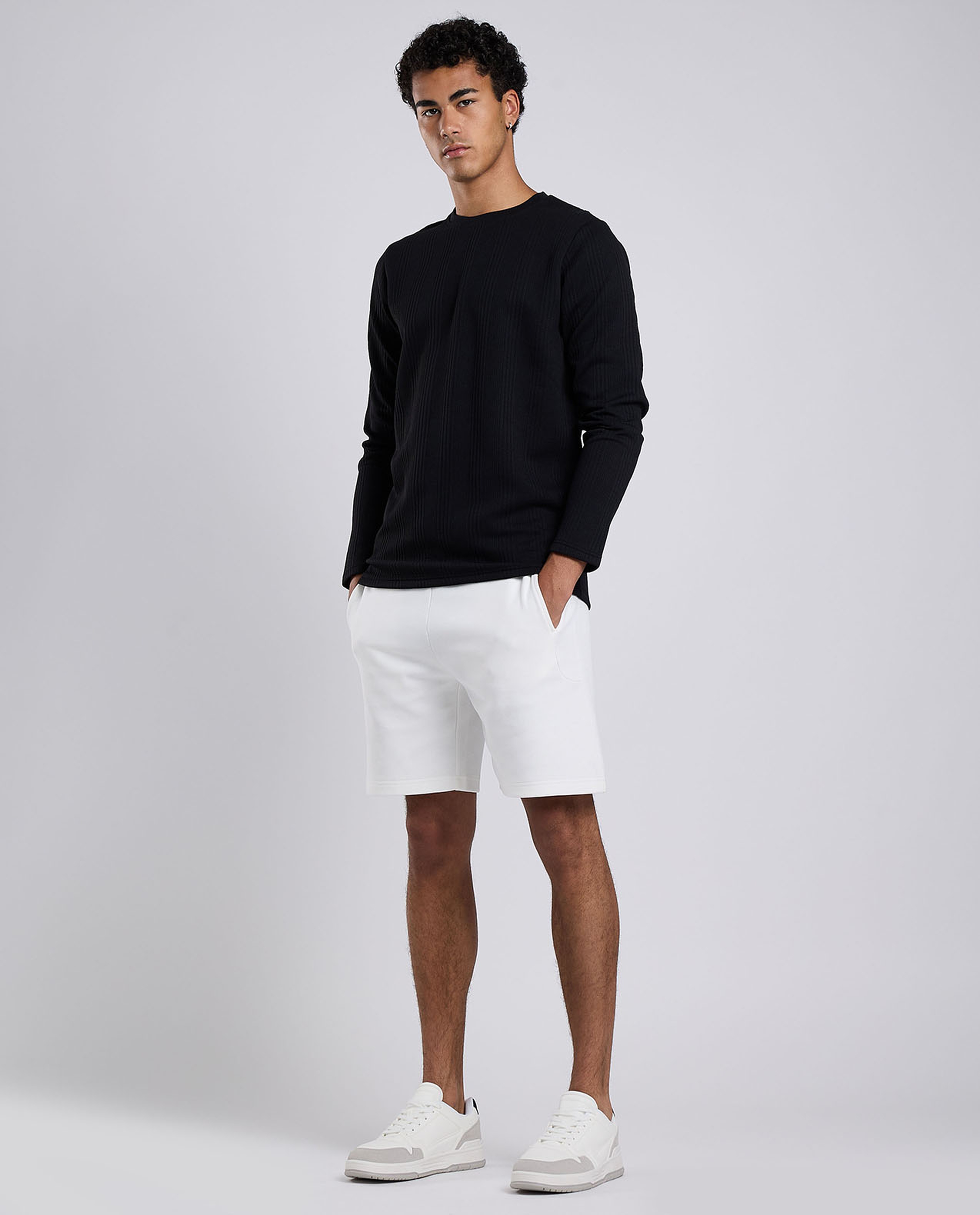 Textured T-Shirt with Crew Neck and Long Sleeves