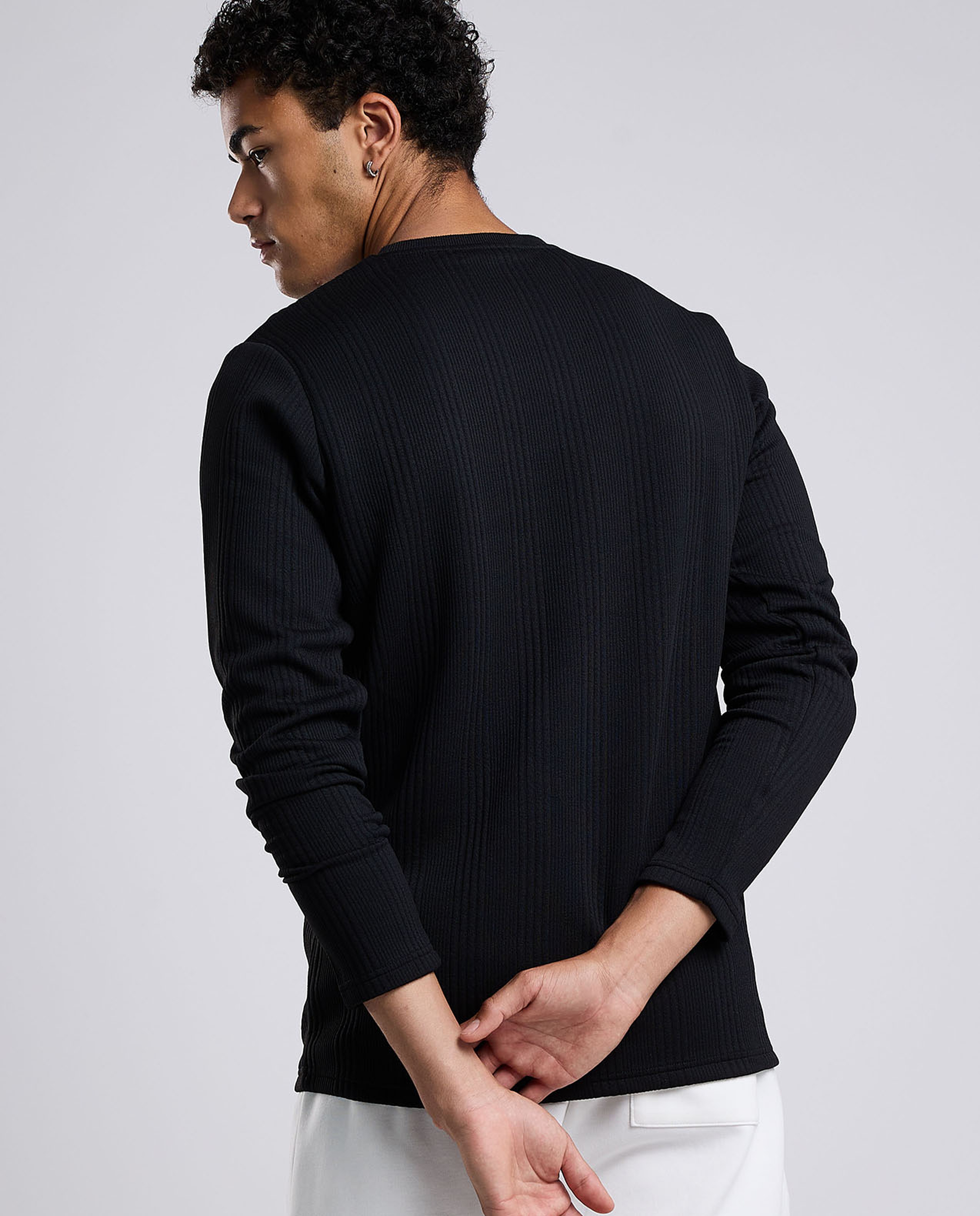 Textured T-Shirt with Crew Neck and Long Sleeves
