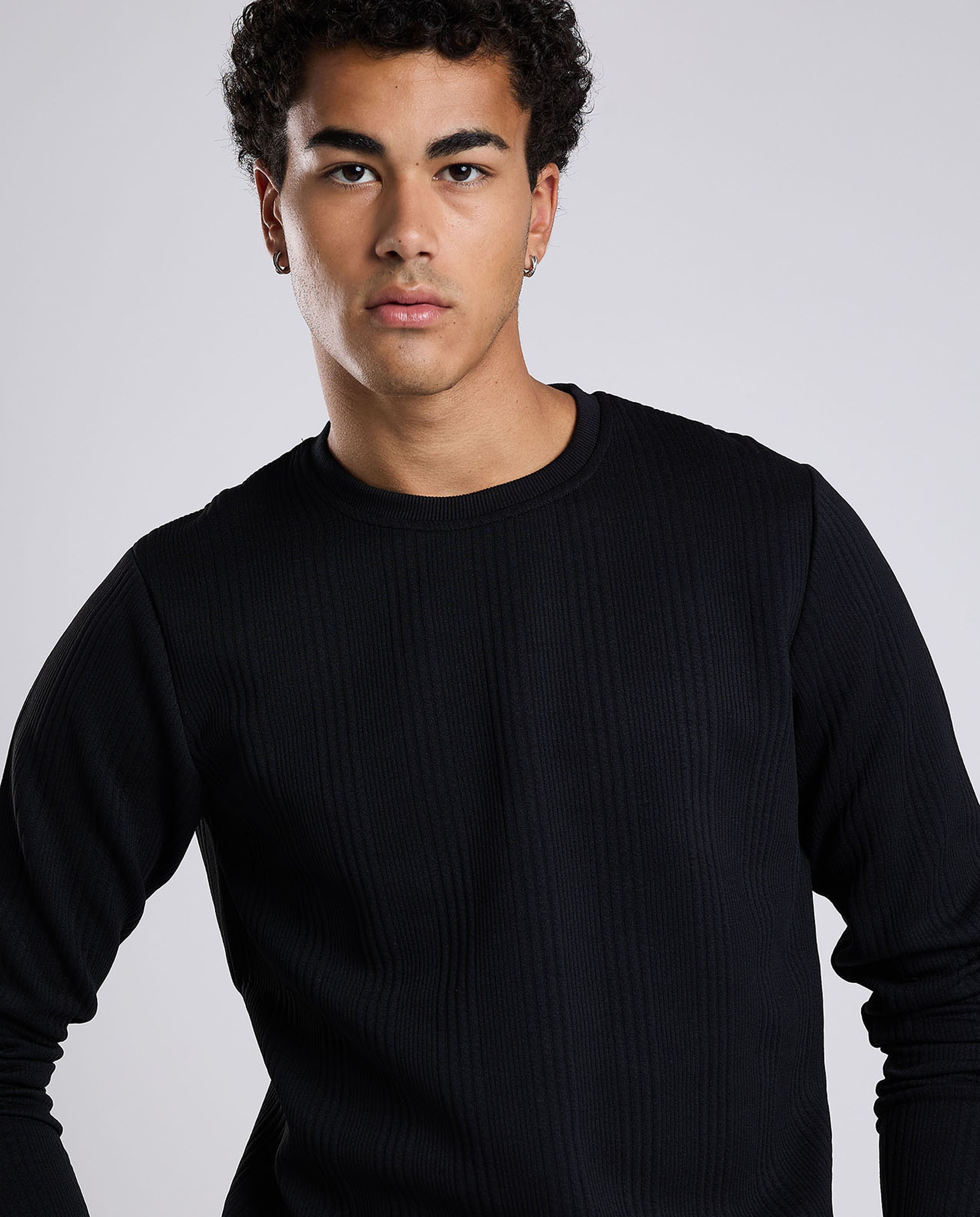 Textured T-Shirt with Crew Neck and Long Sleeves