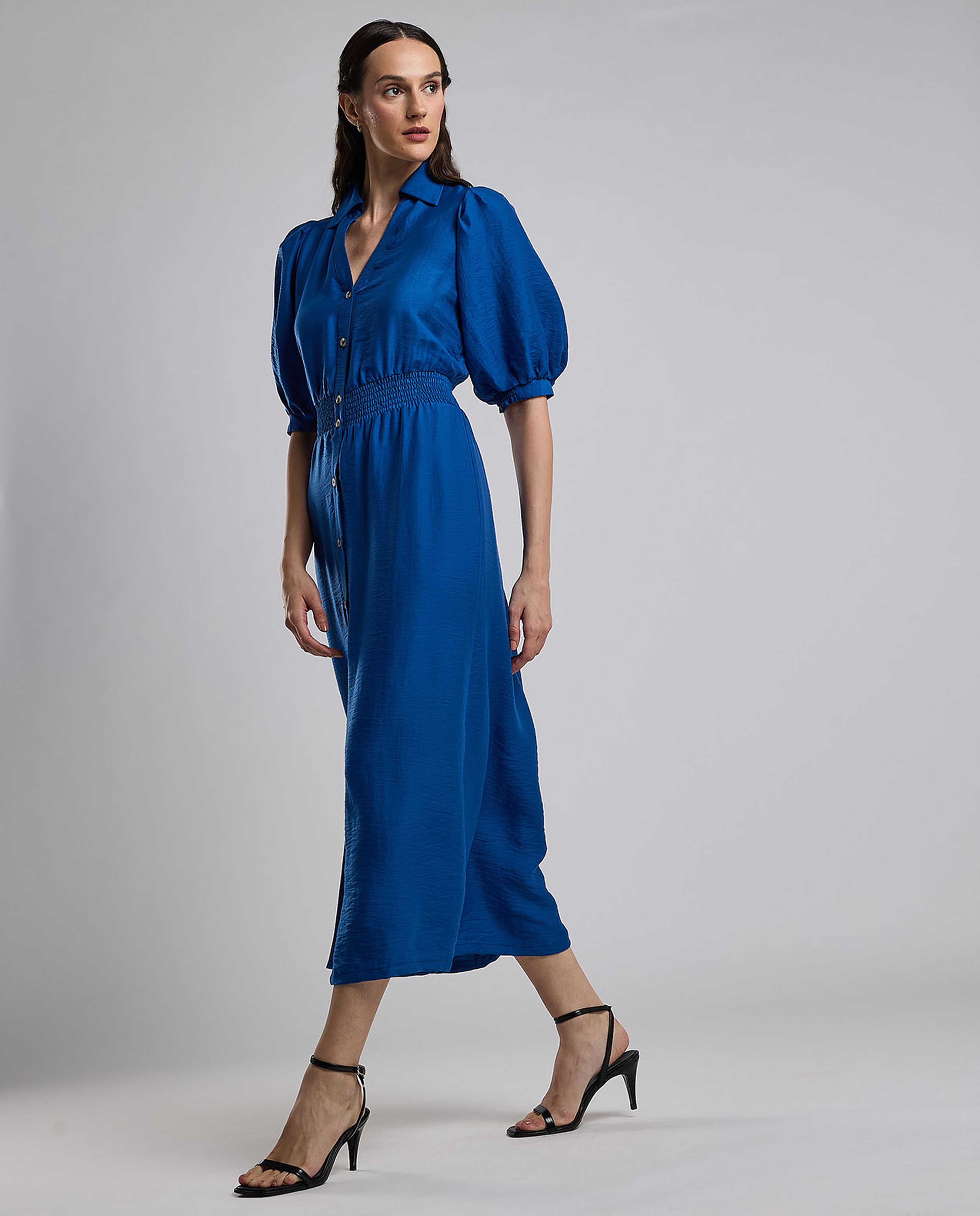 Solid Shirt Dress with Puff Sleeves