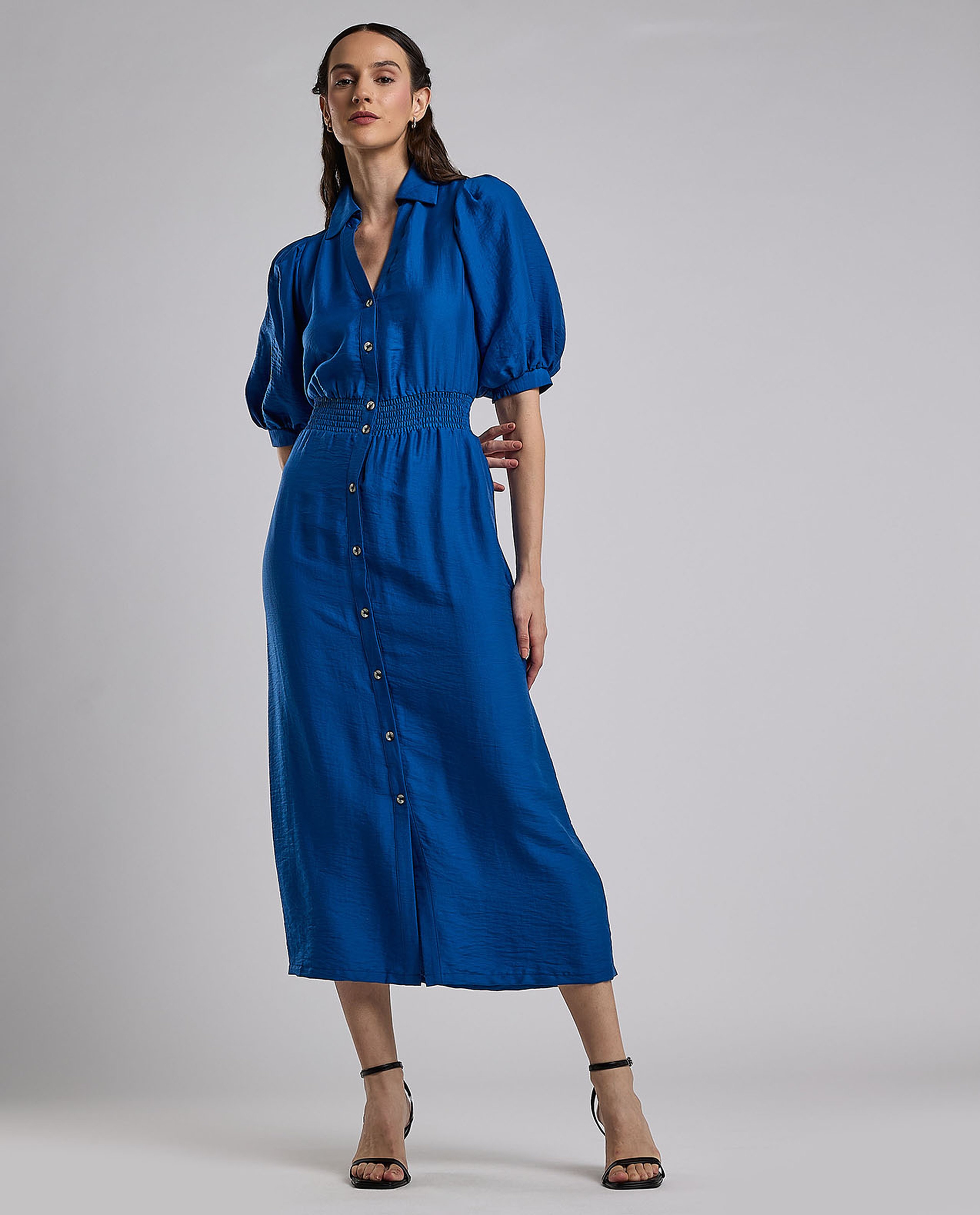 Solid Shirt Dress with Puff Sleeves