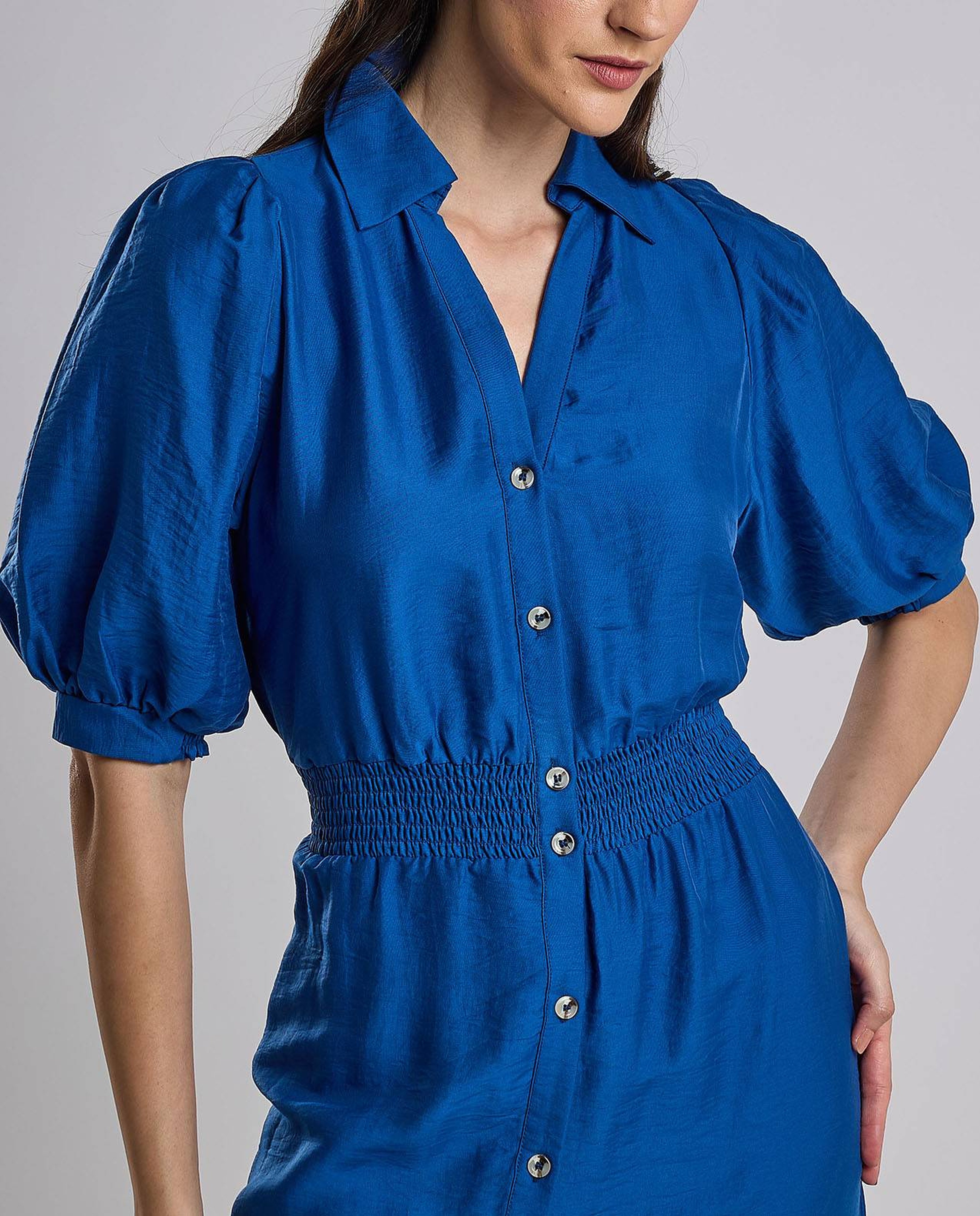 Solid Shirt Dress with Puff Sleeves