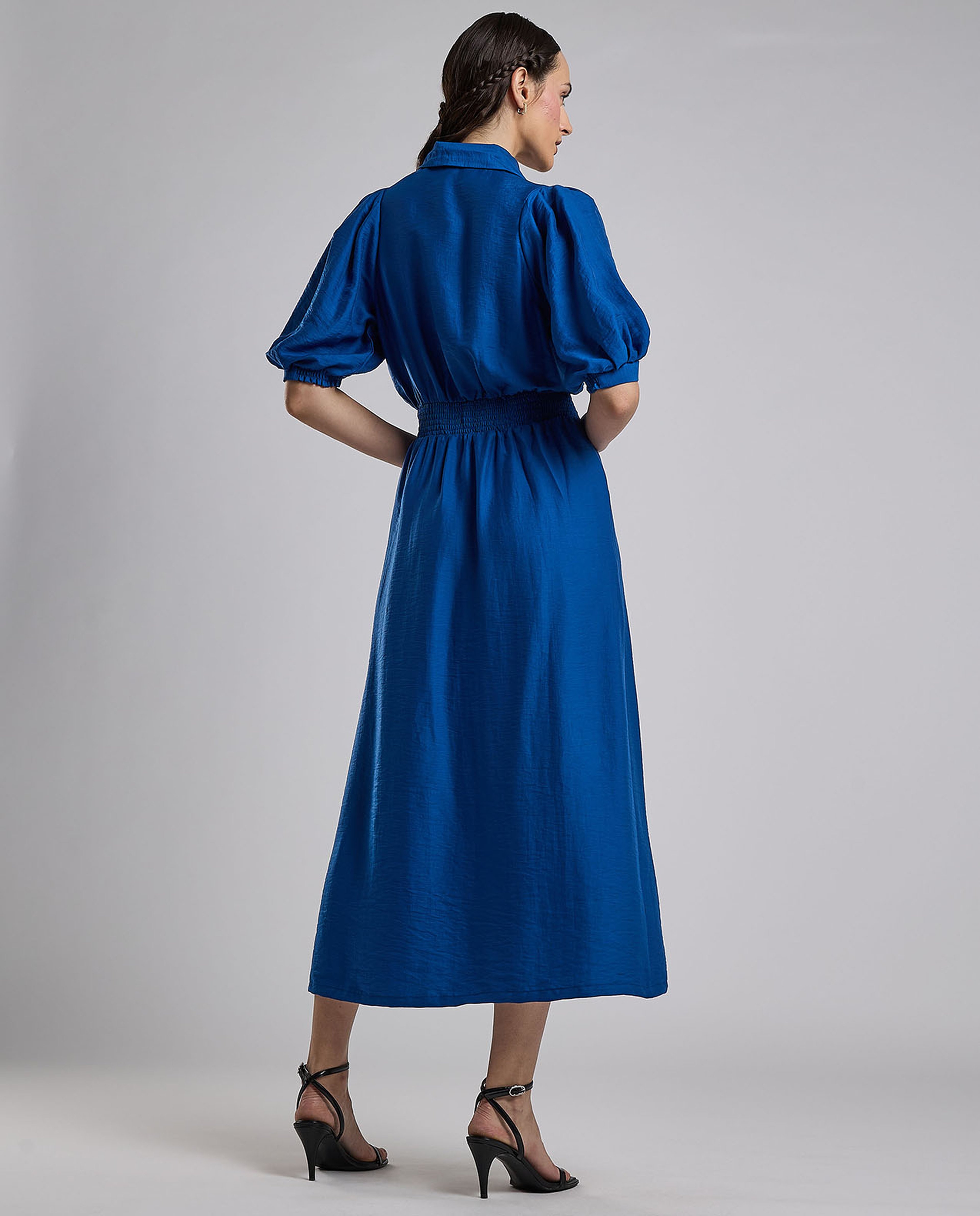 Solid Shirt Dress with Puff Sleeves