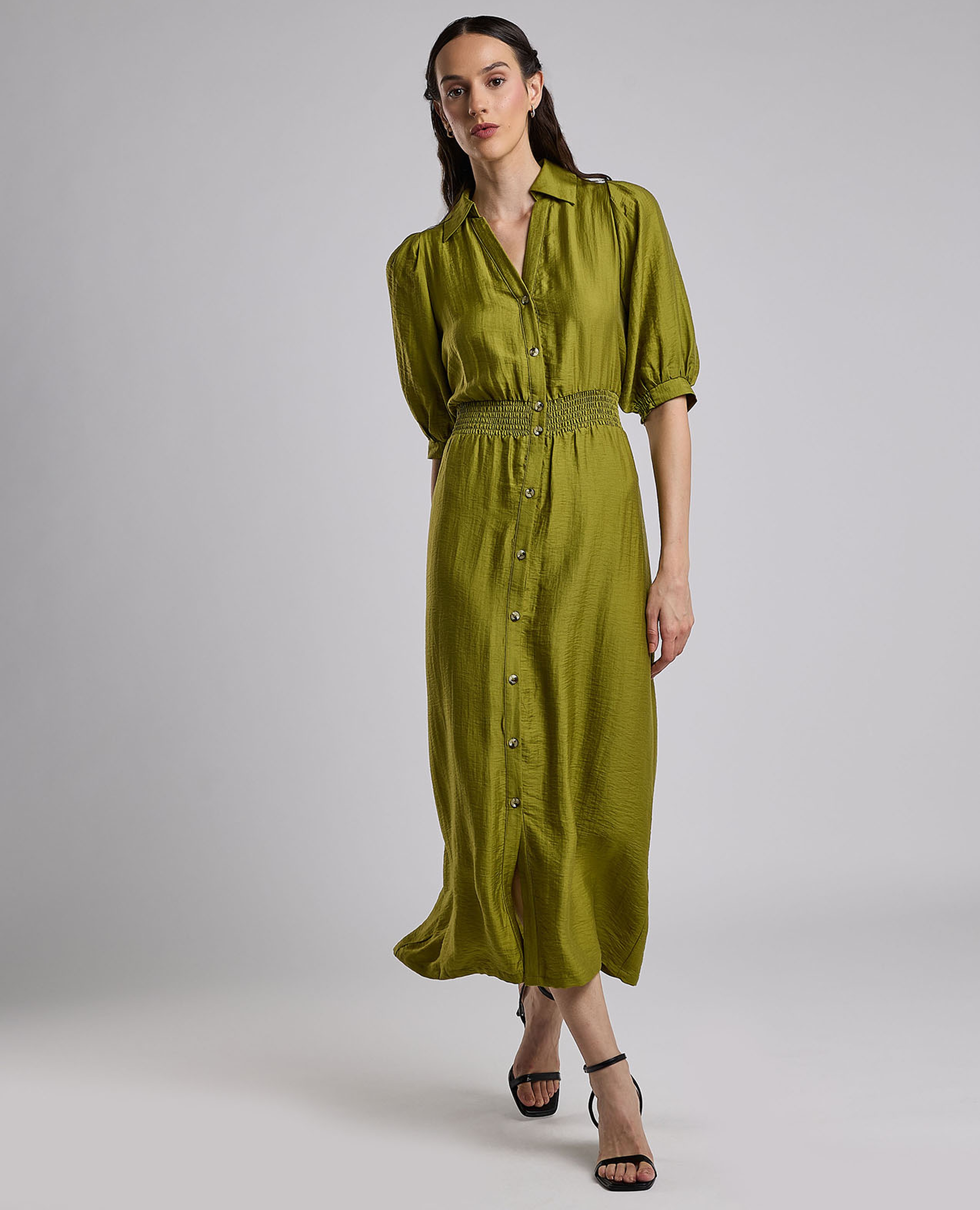 فستان قميص سادة بأكمام منفوخة