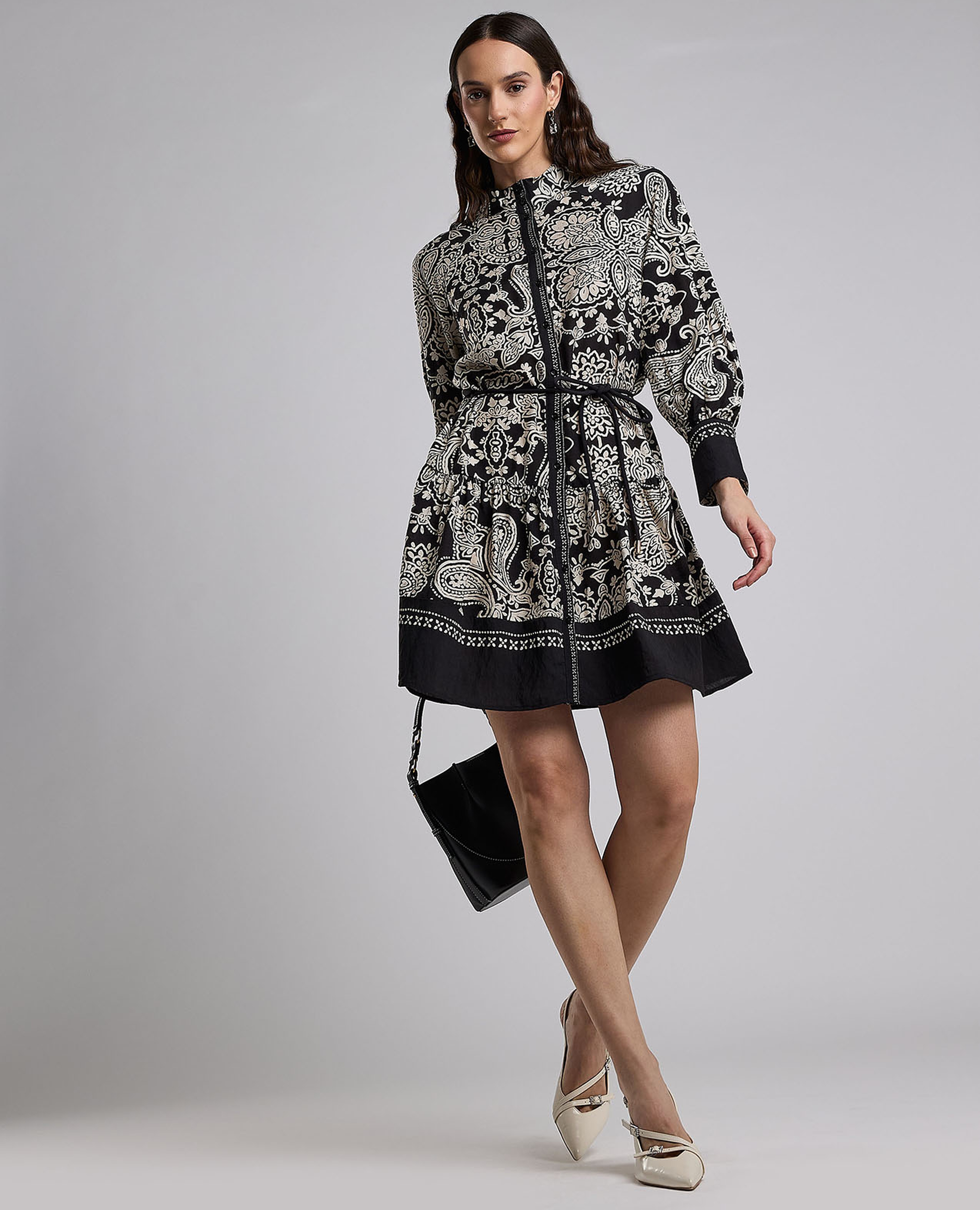 Printed Shirt Dress with Bishop Sleeves