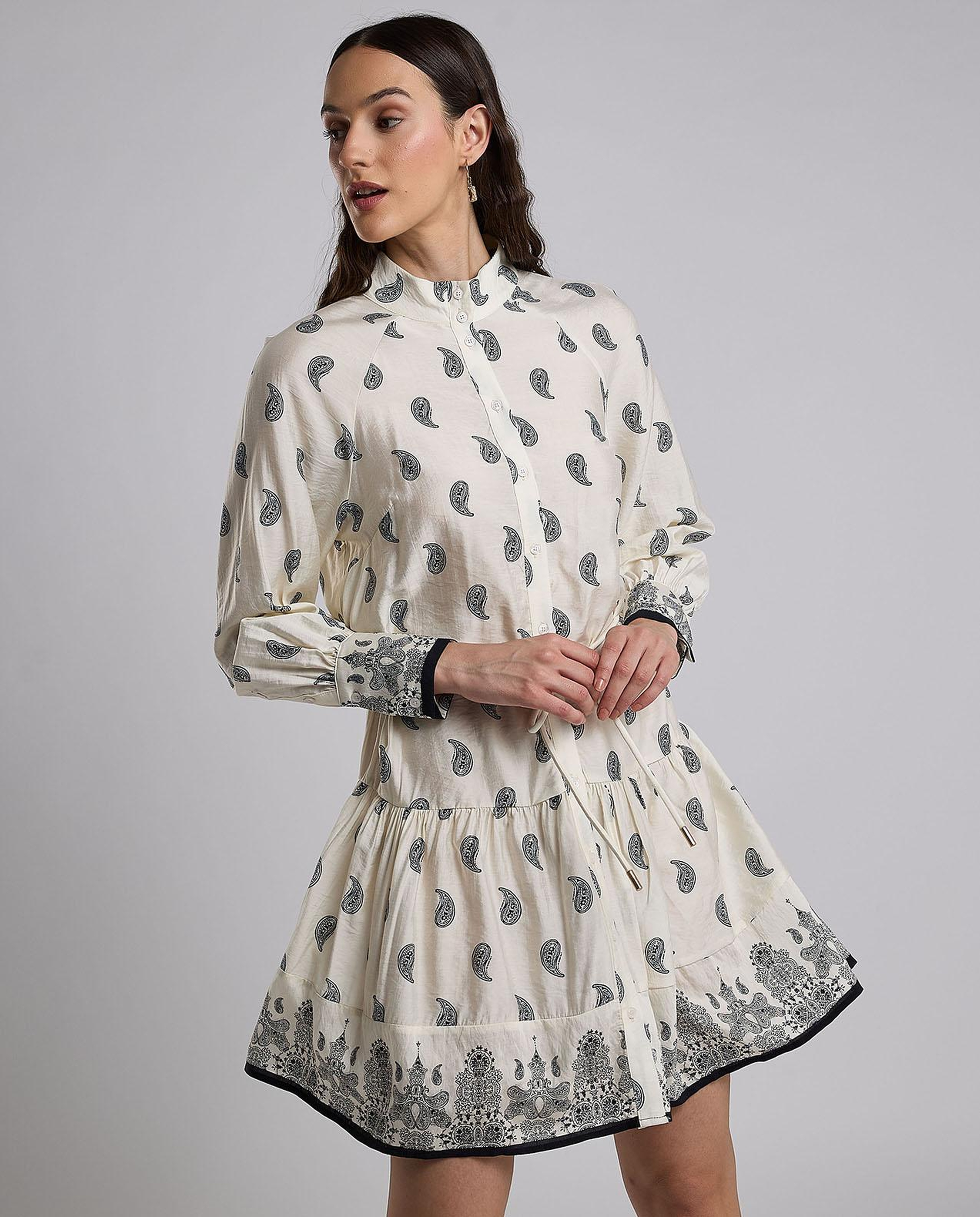 Printed Shirt Dress with Bishop Sleeves