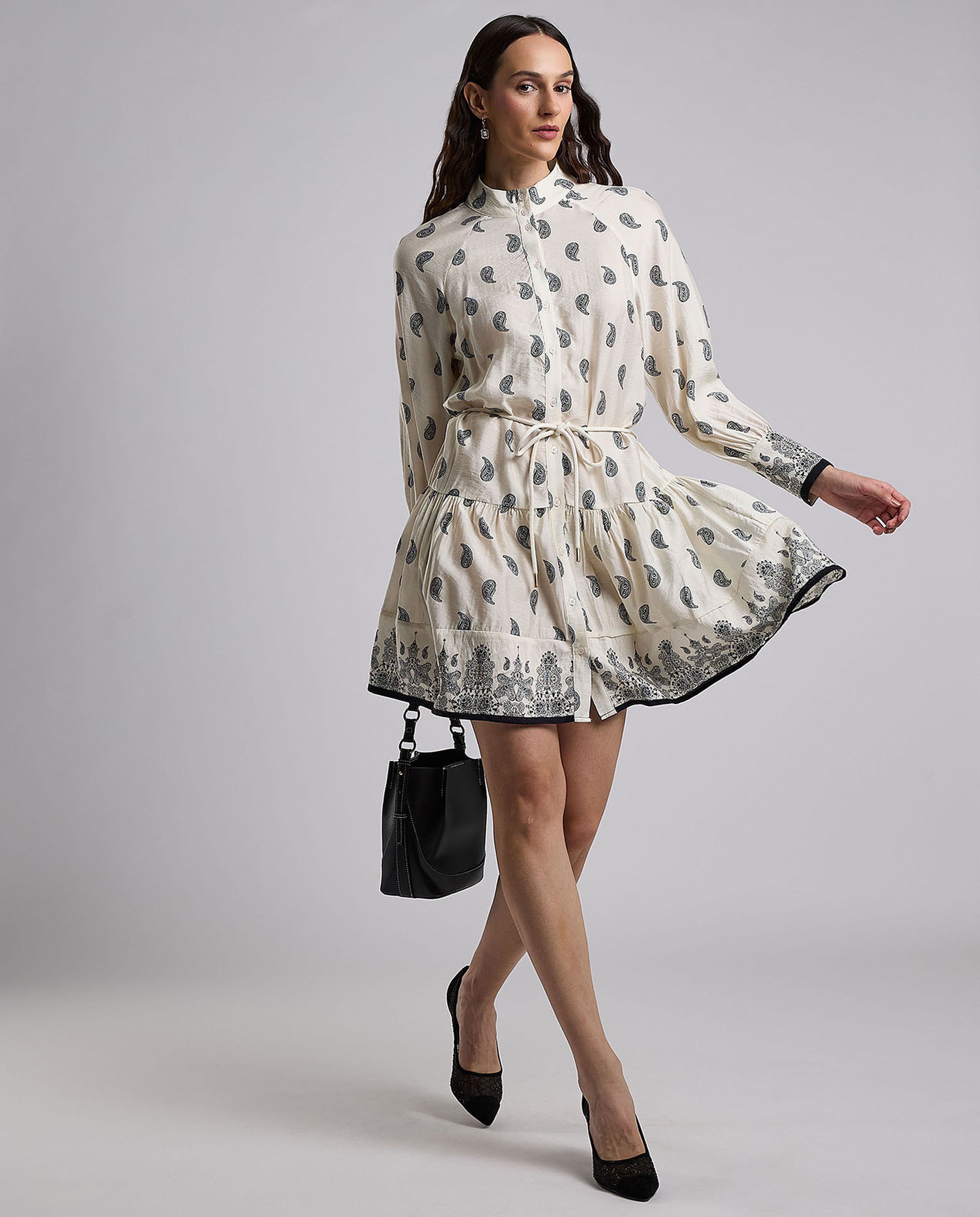 Printed Shirt Dress with Bishop Sleeves