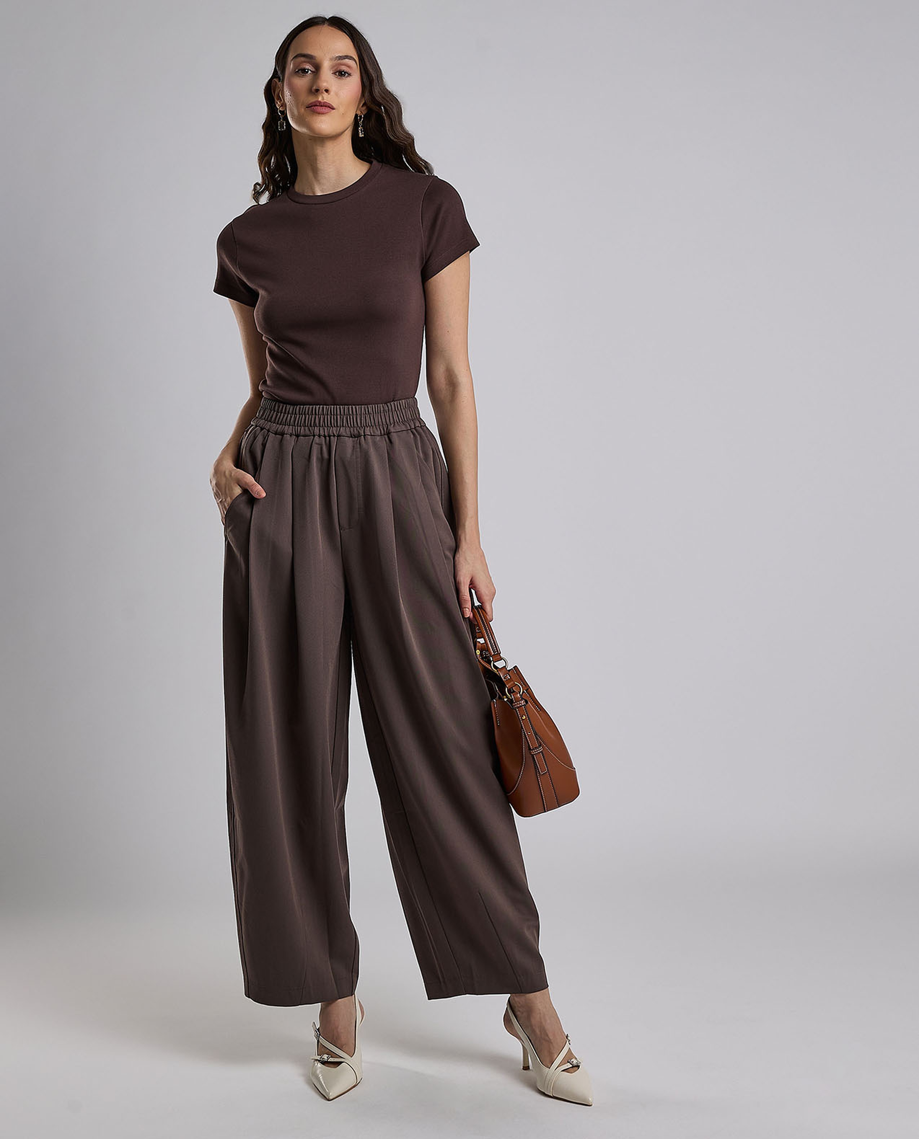 Solid Wide Leg Pants with Elastic Waist