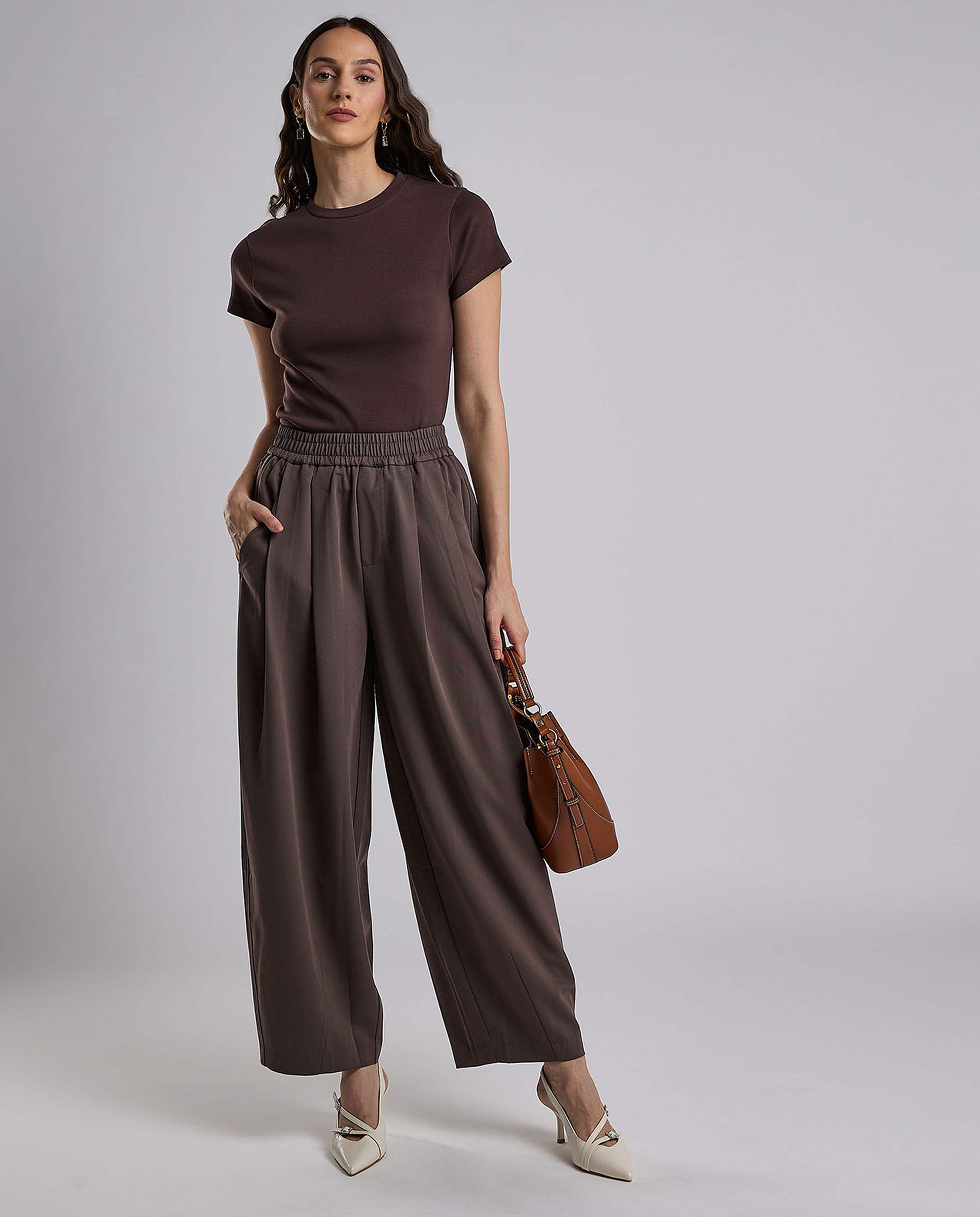 Solid Wide Leg Pants with Elastic Waist