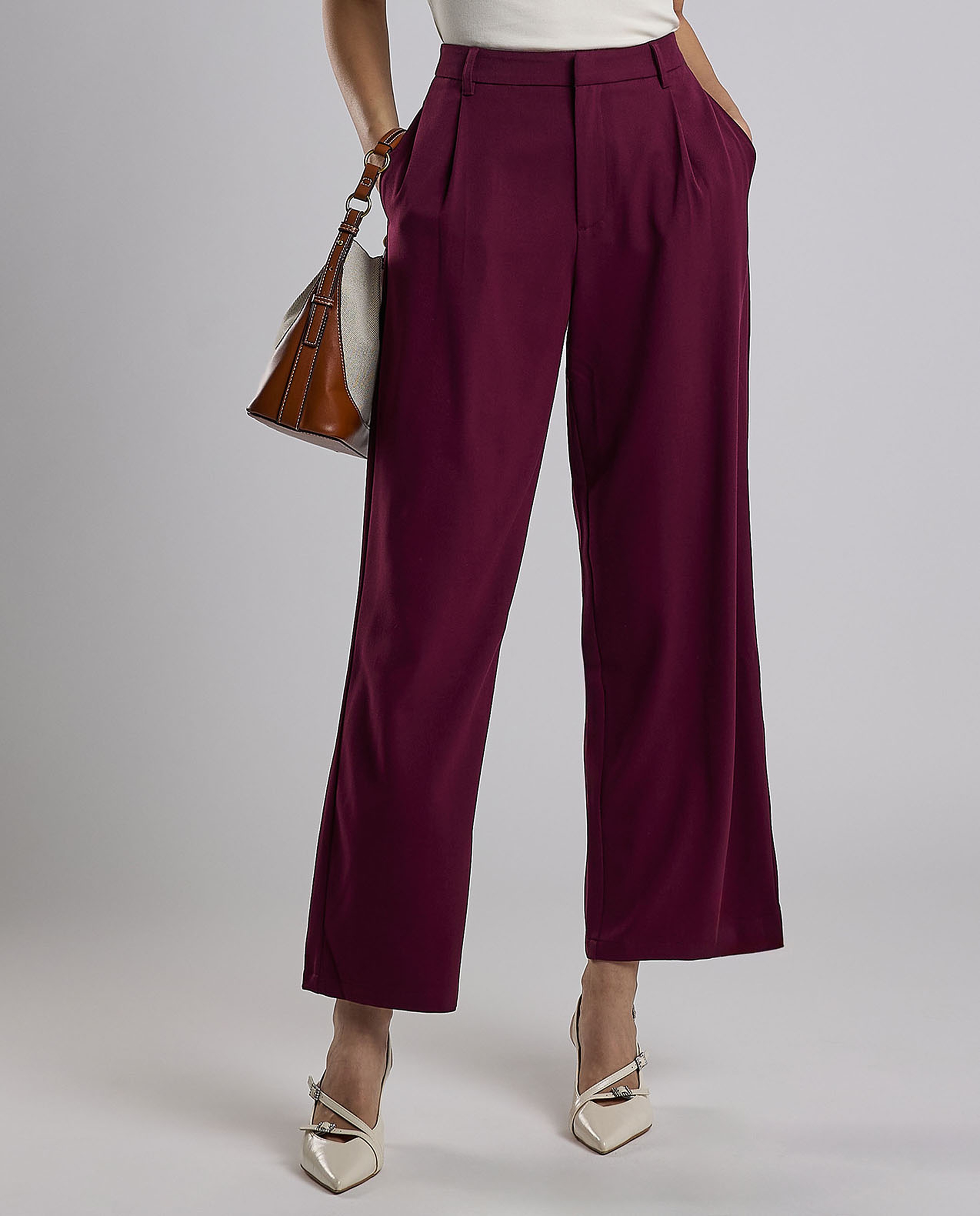 Solid Wide Leg Pants with Button Closure