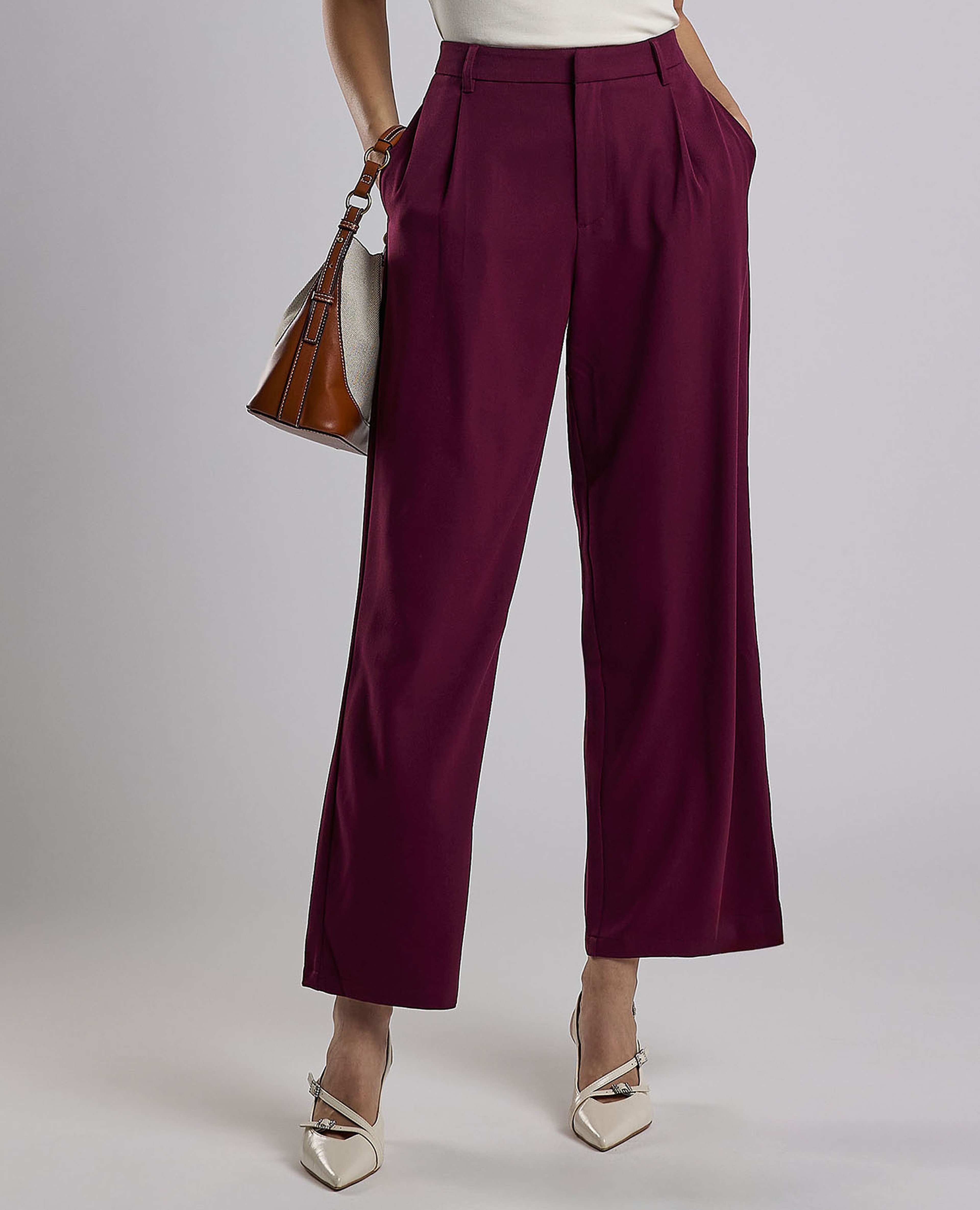 Solid Wide Leg Pants with Button Closure