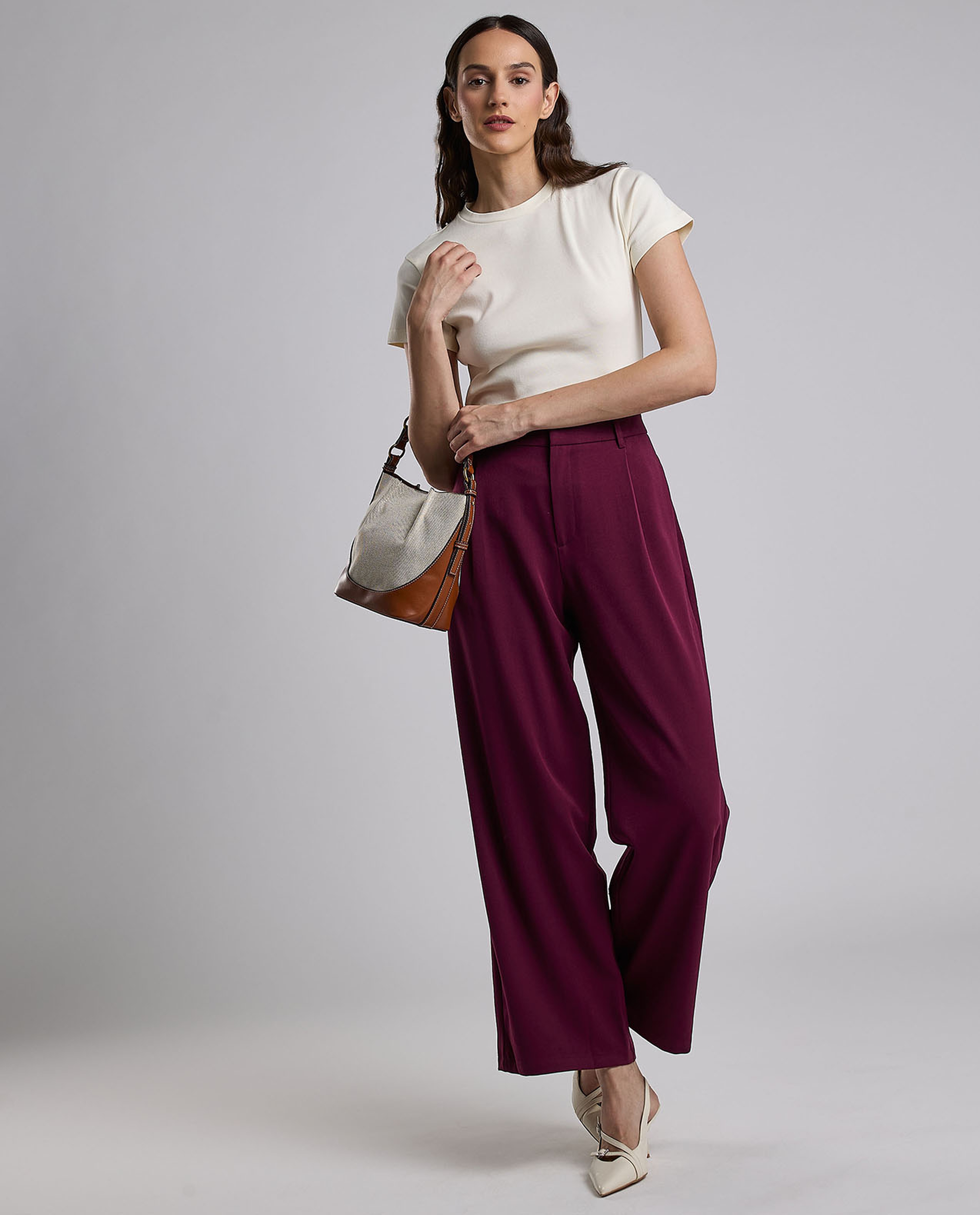 Solid Wide Leg Pants with Button Closure