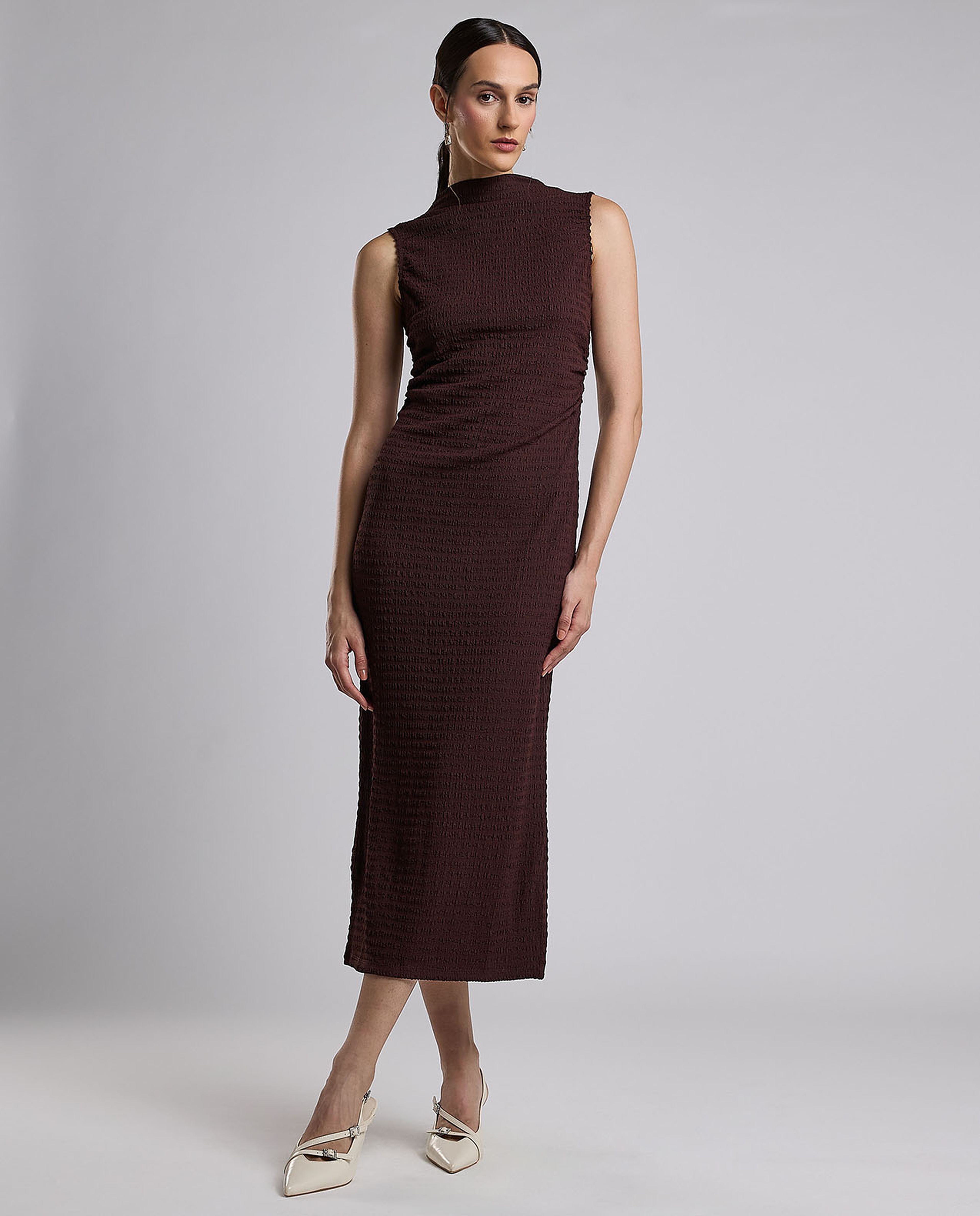 Textured Sleeveless Column Dress with High Neck