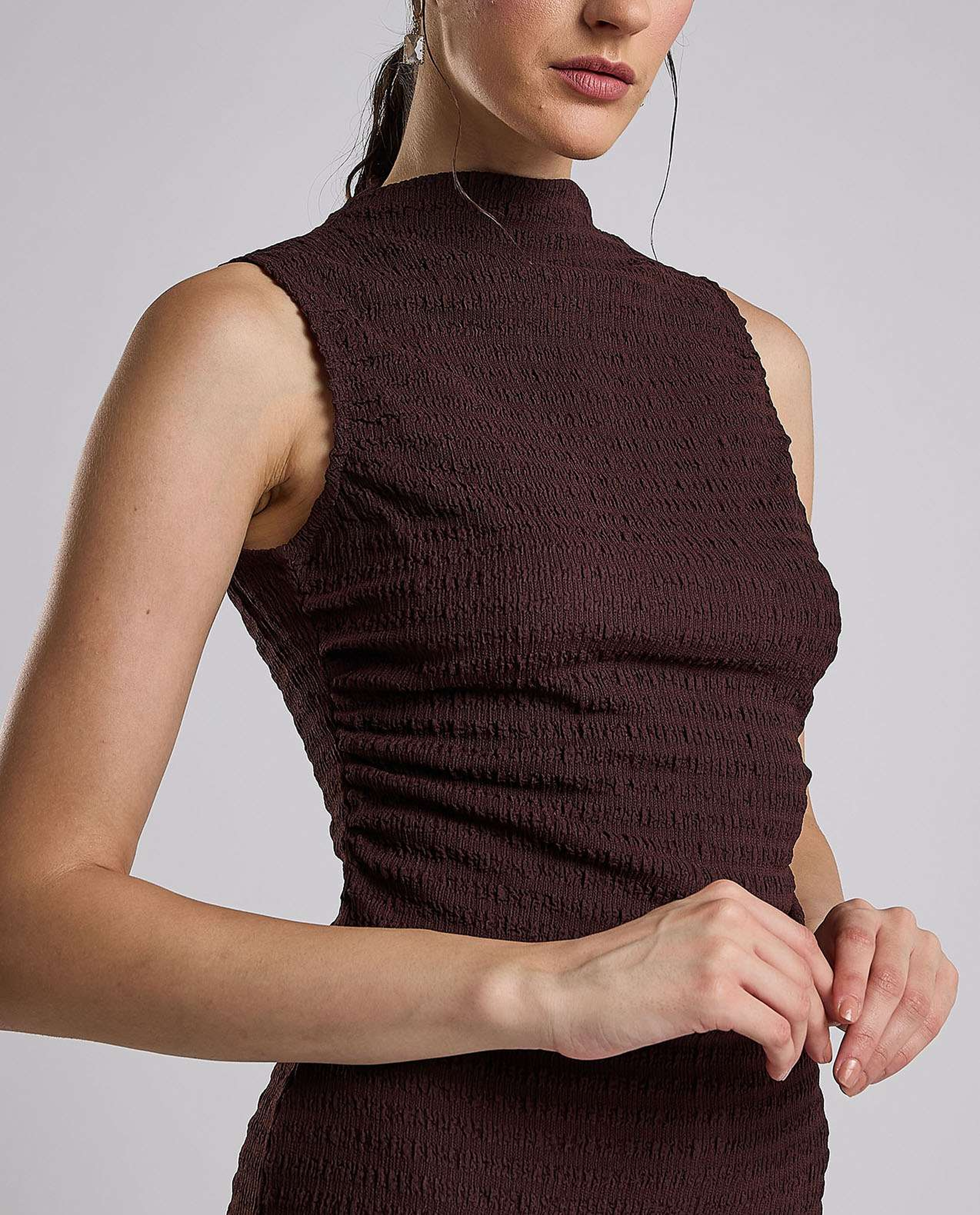 Textured Sleeveless Column Dress with High Neck