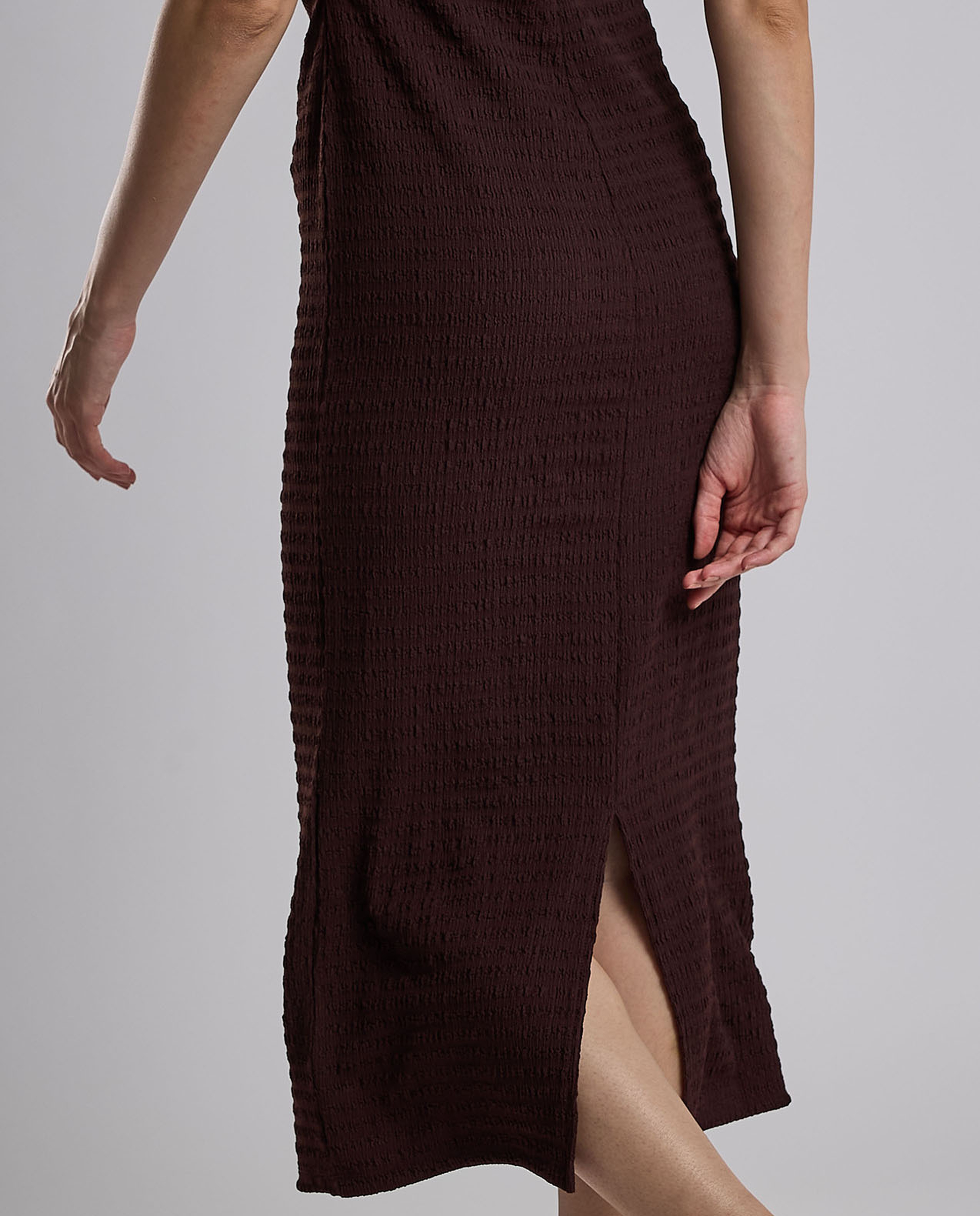 Textured Sleeveless Column Dress with High Neck