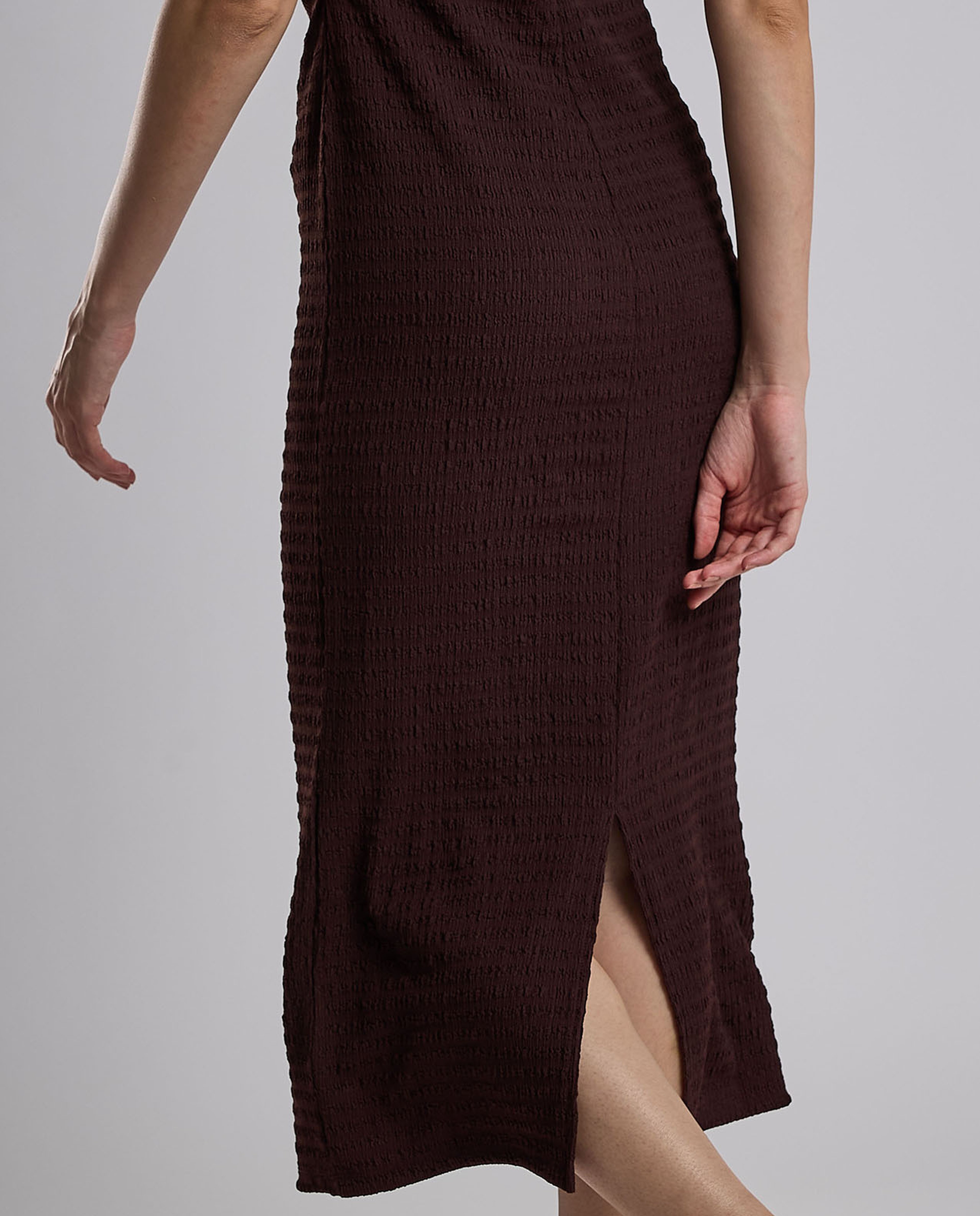 Textured Sleeveless Column Dress with High Neck
