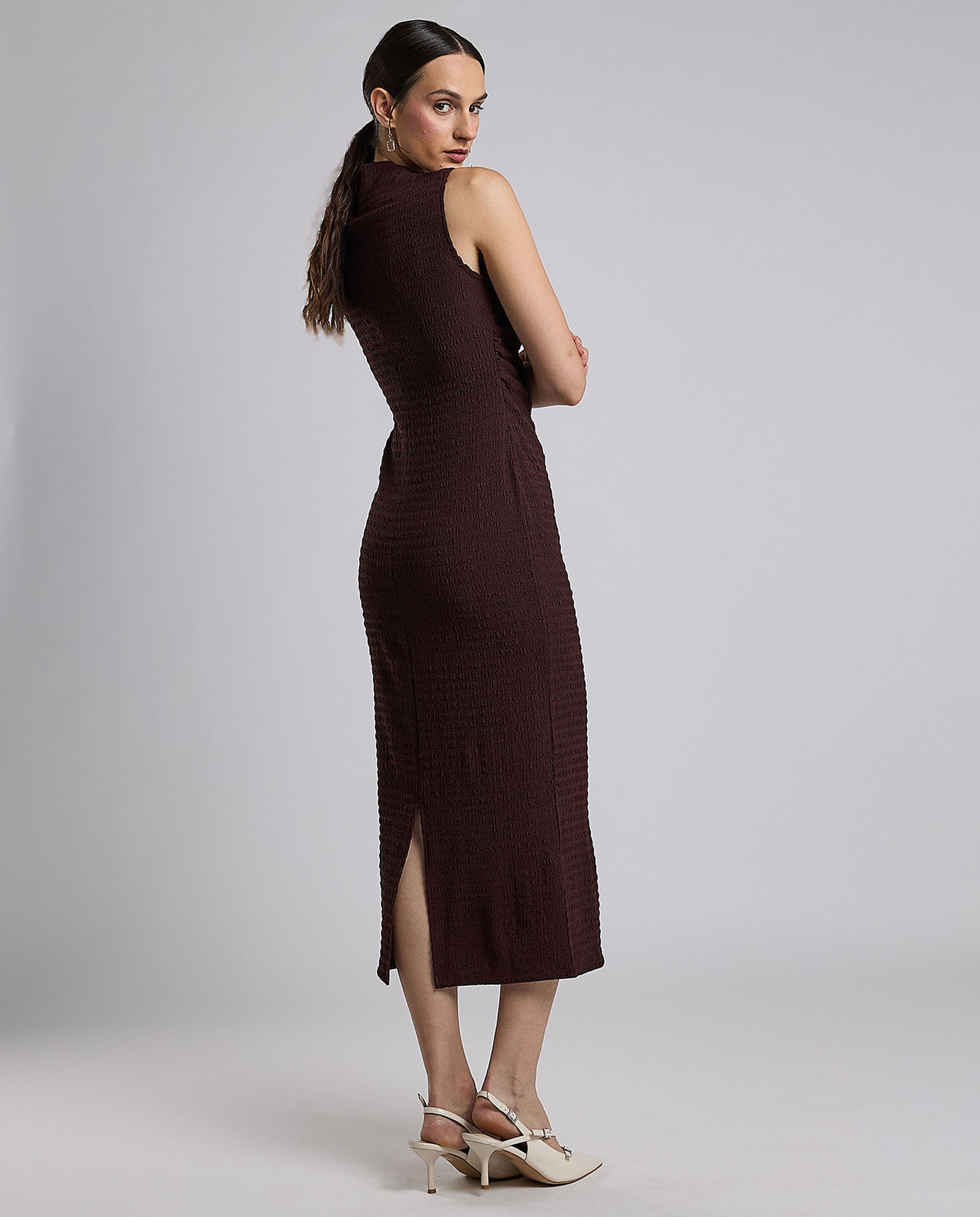 Textured Sleeveless Column Dress with High Neck