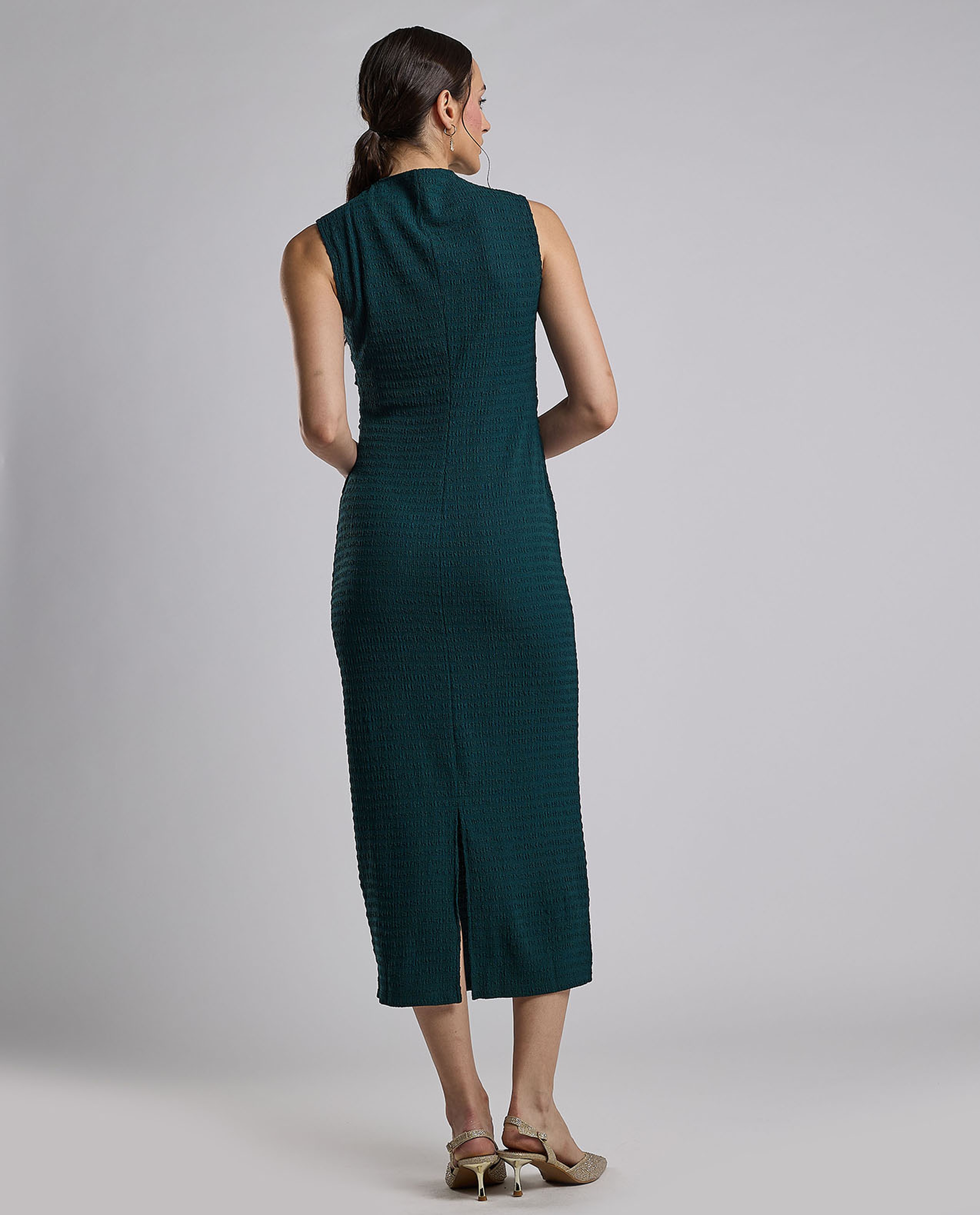 Textured Sleeveless Column Dress with High Neck