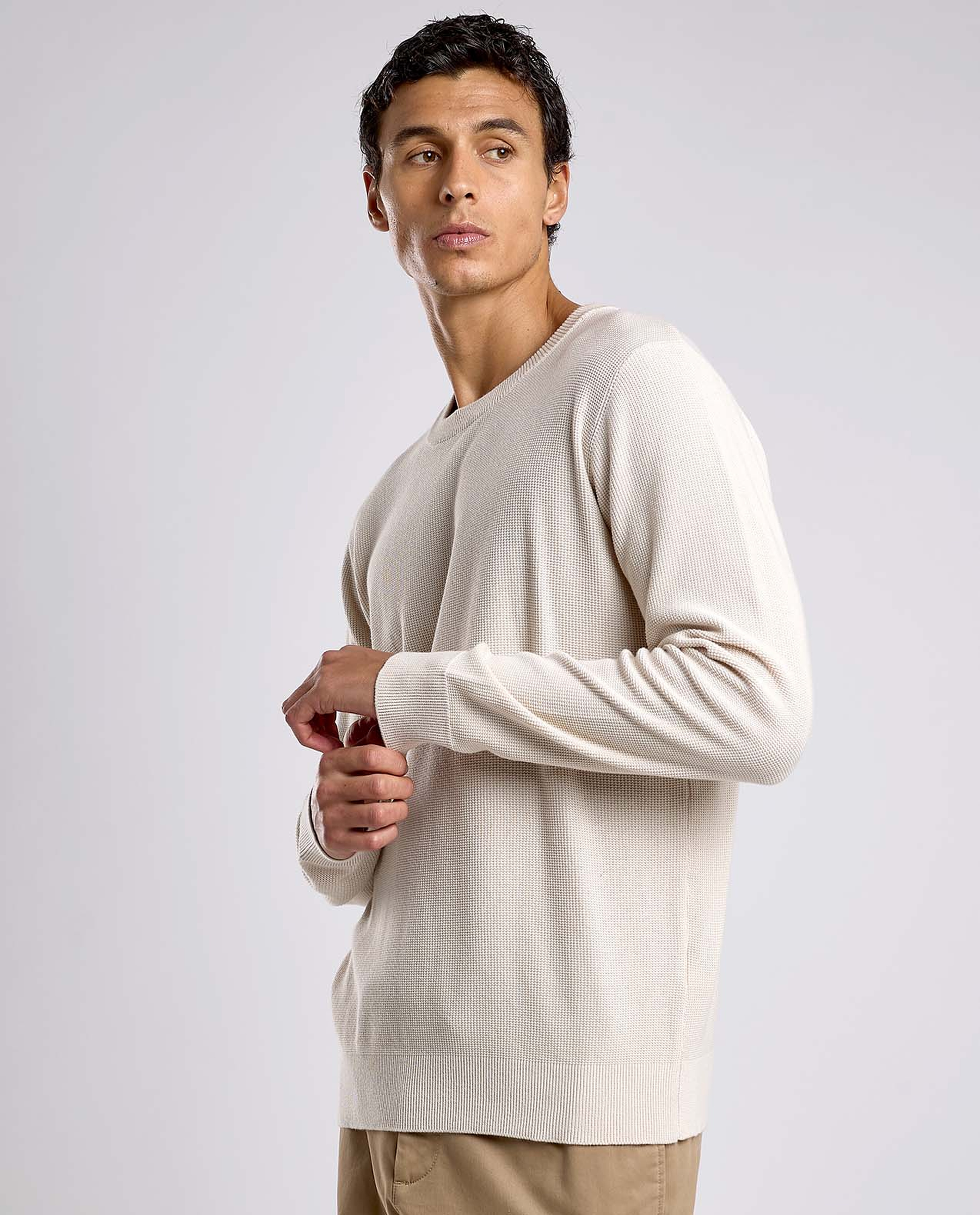 Textured Sweater with Crew Neck and Long Sleeves