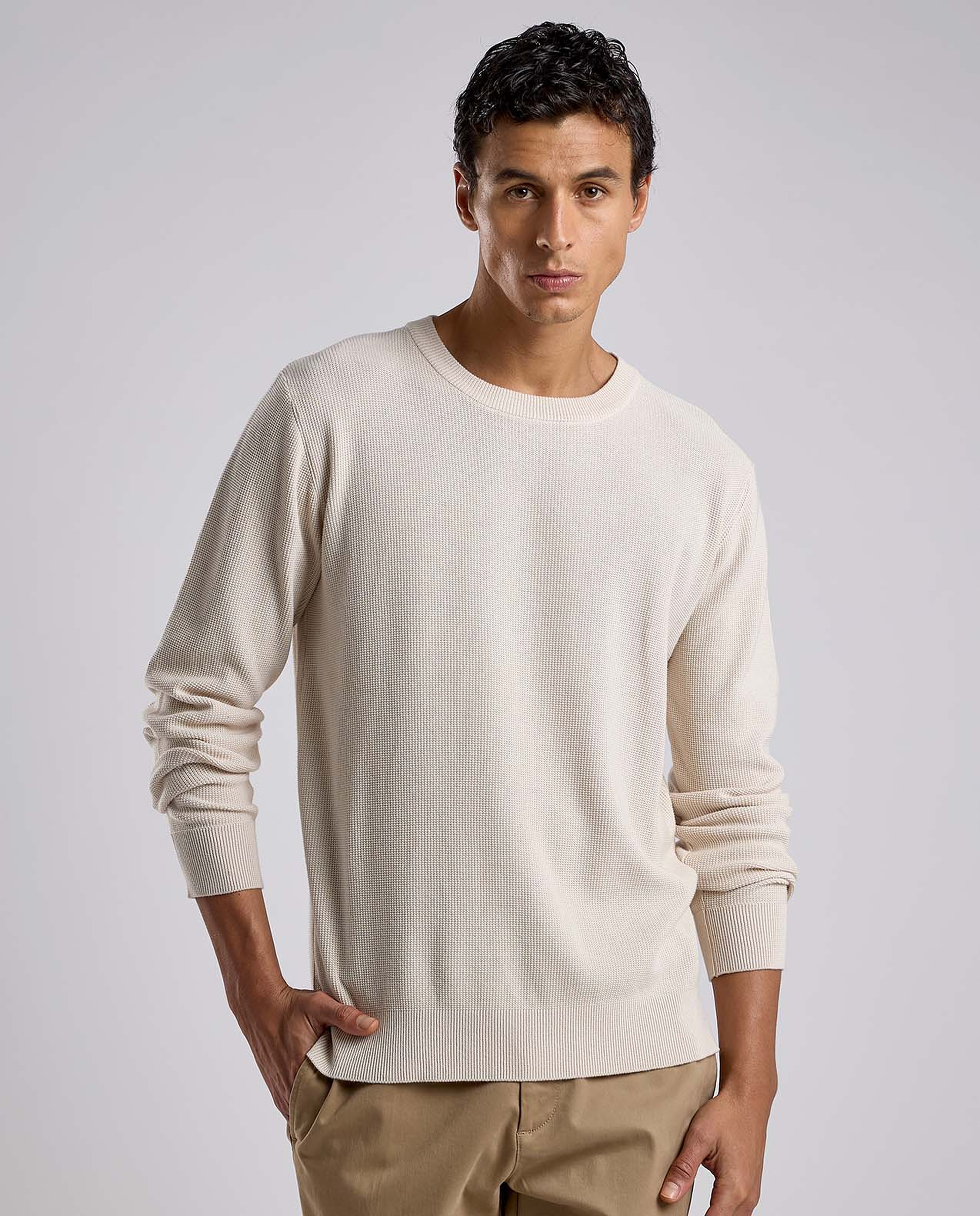 Textured Sweater with Crew Neck and Long Sleeves