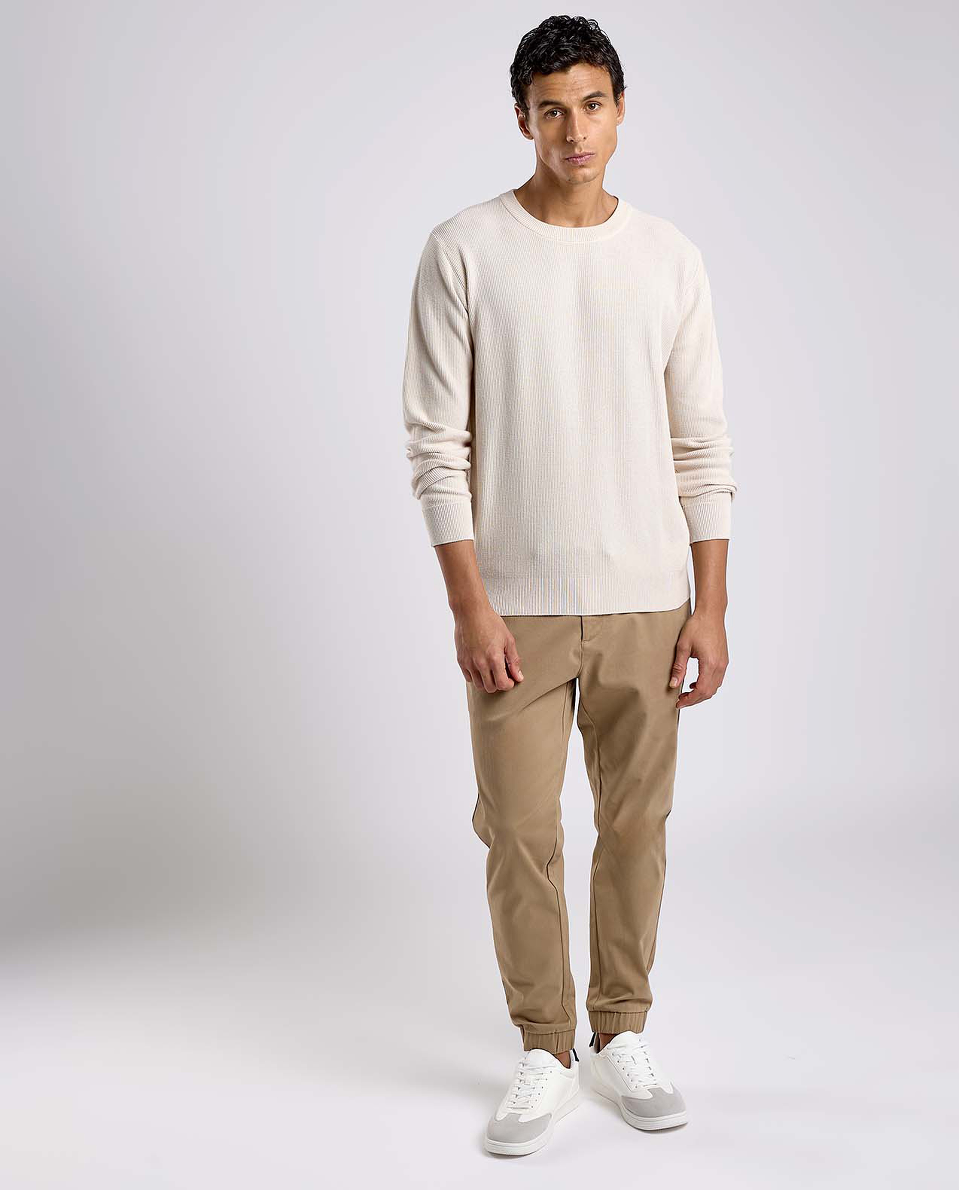Textured Sweater with Crew Neck and Long Sleeves