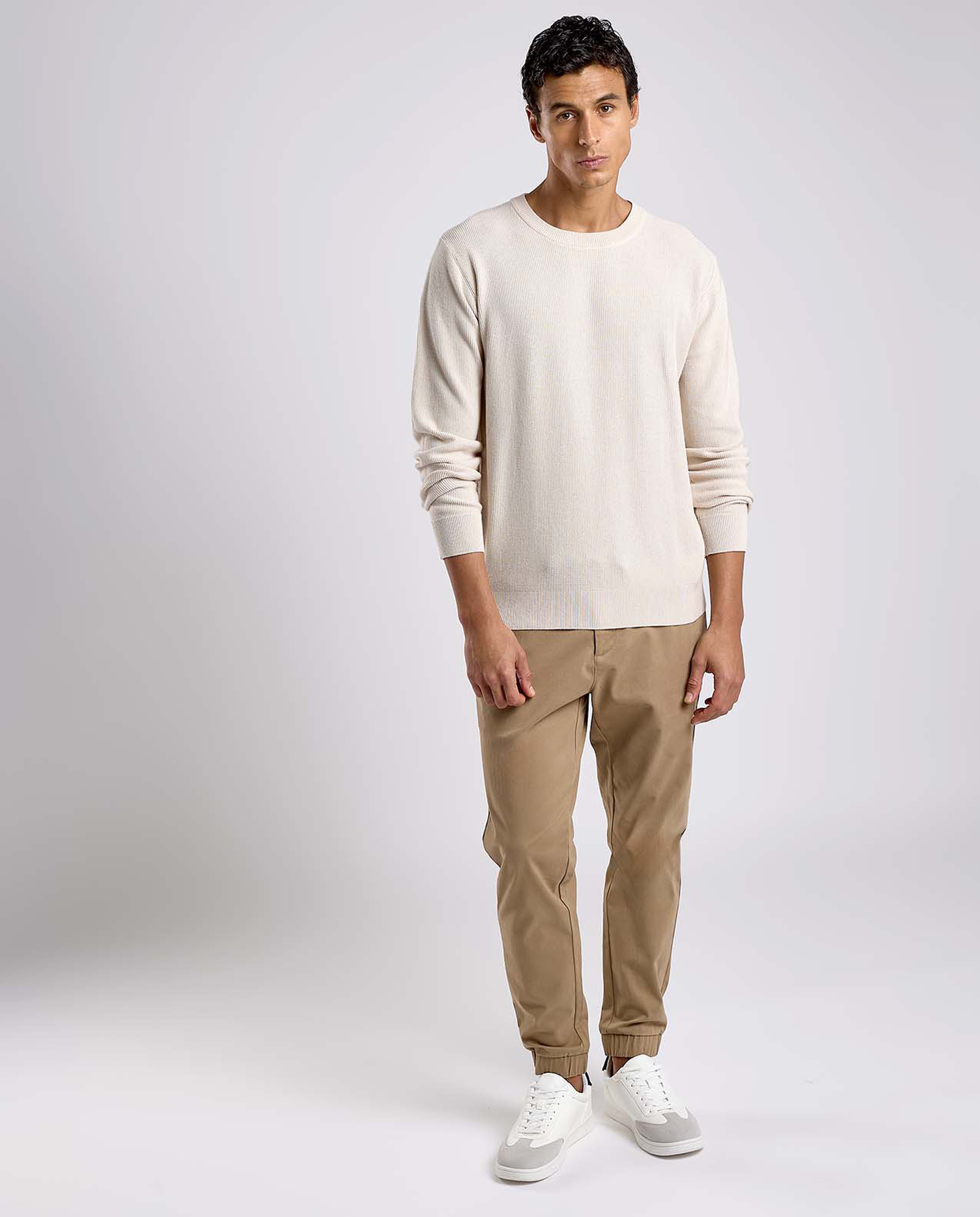 Textured Sweater with Crew Neck and Long Sleeves