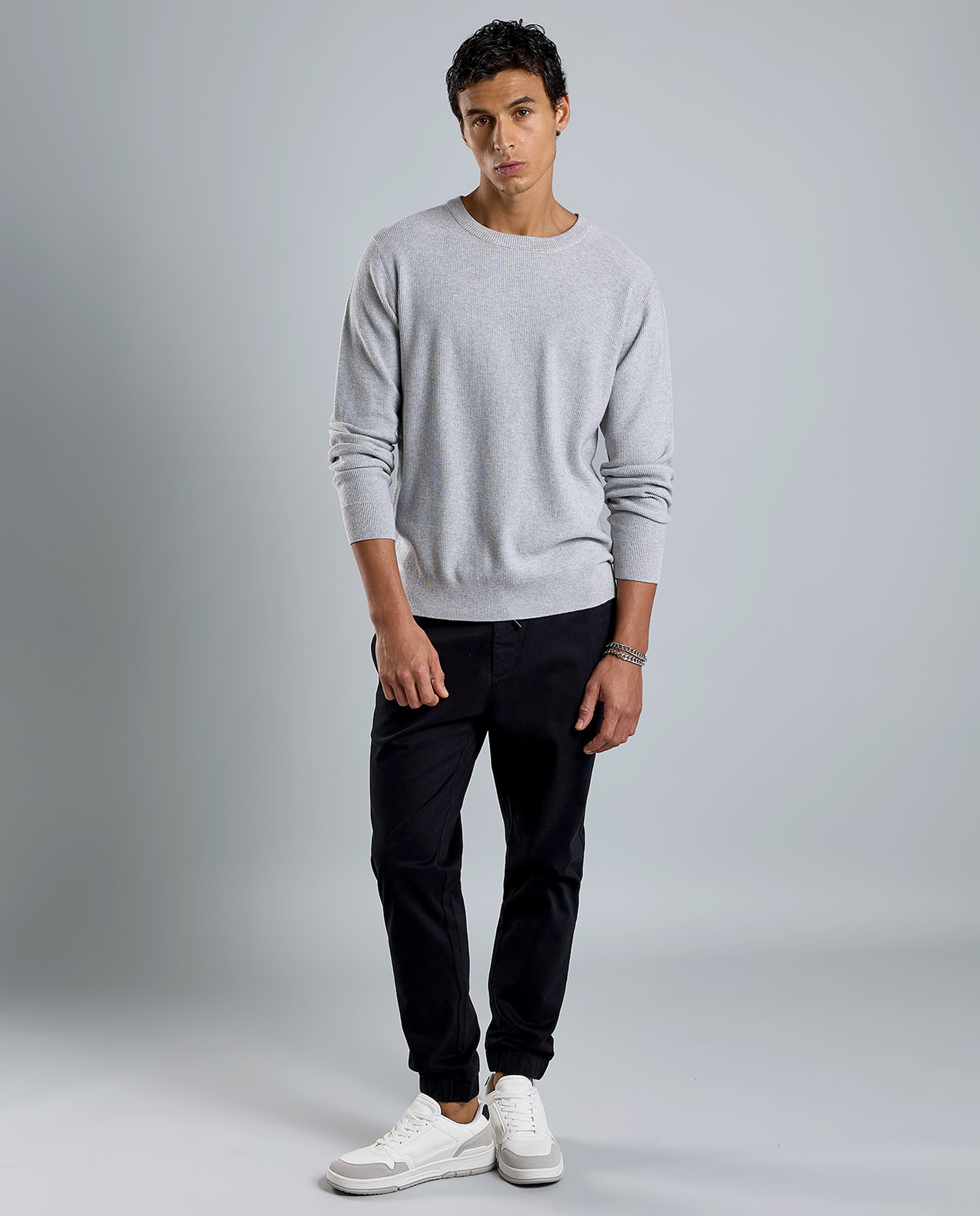 Textured Sweater with Crew Neck and Long Sleeves