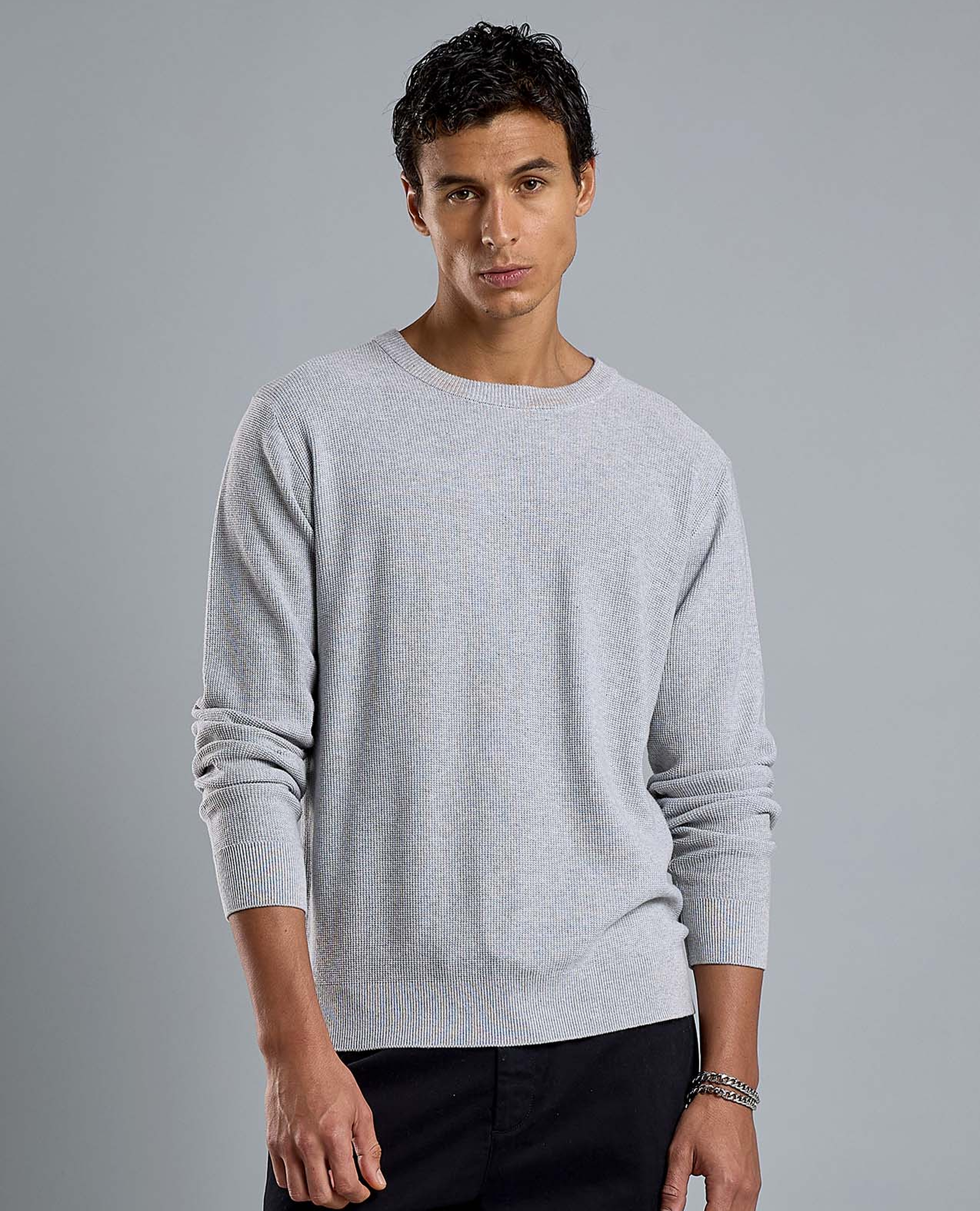 Textured Sweater with Crew Neck and Long Sleeves