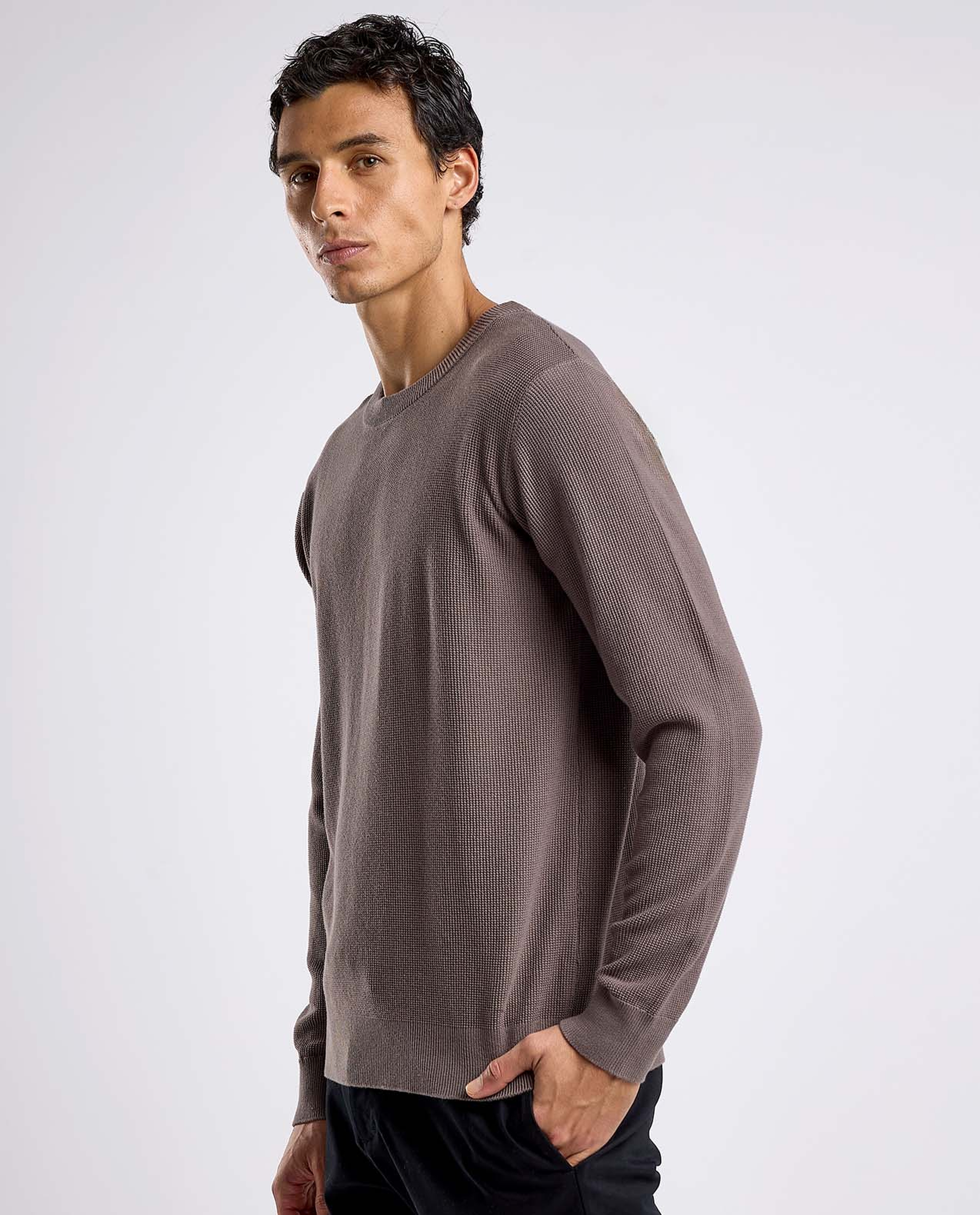 Textured Sweater with Crew Neck and Long Sleeves