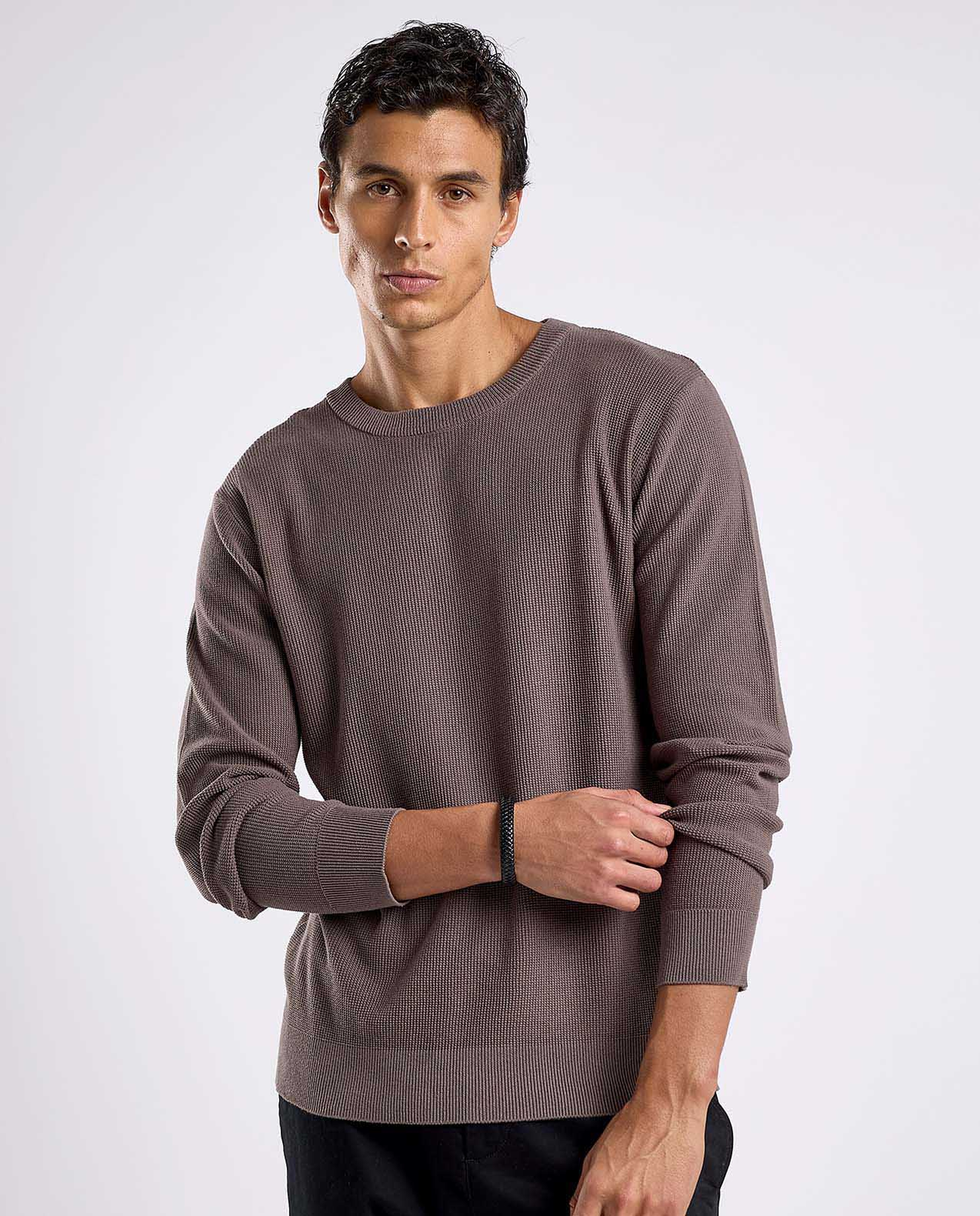 Textured Sweater with Crew Neck and Long Sleeves