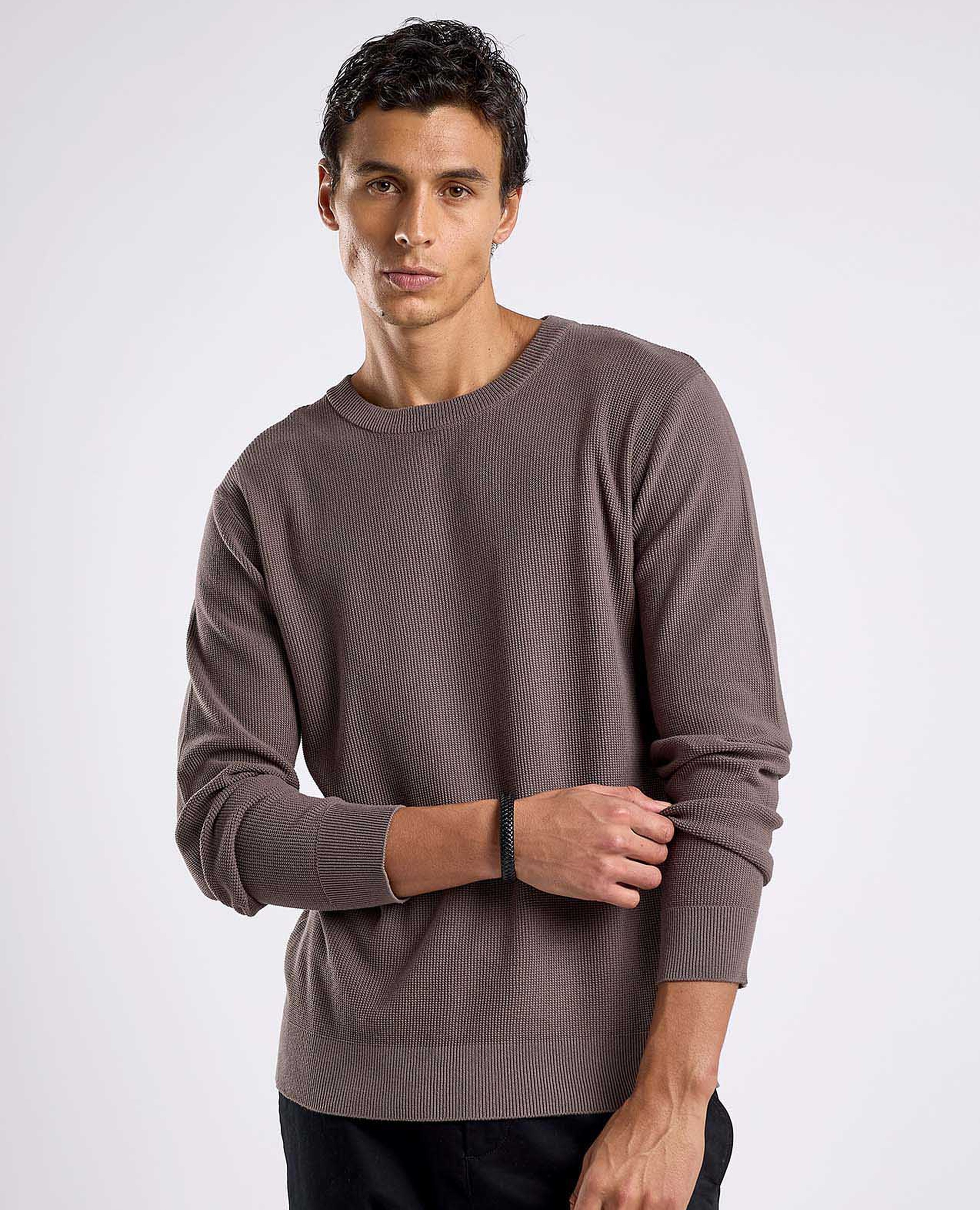 Textured Sweater with Crew Neck and Long Sleeves