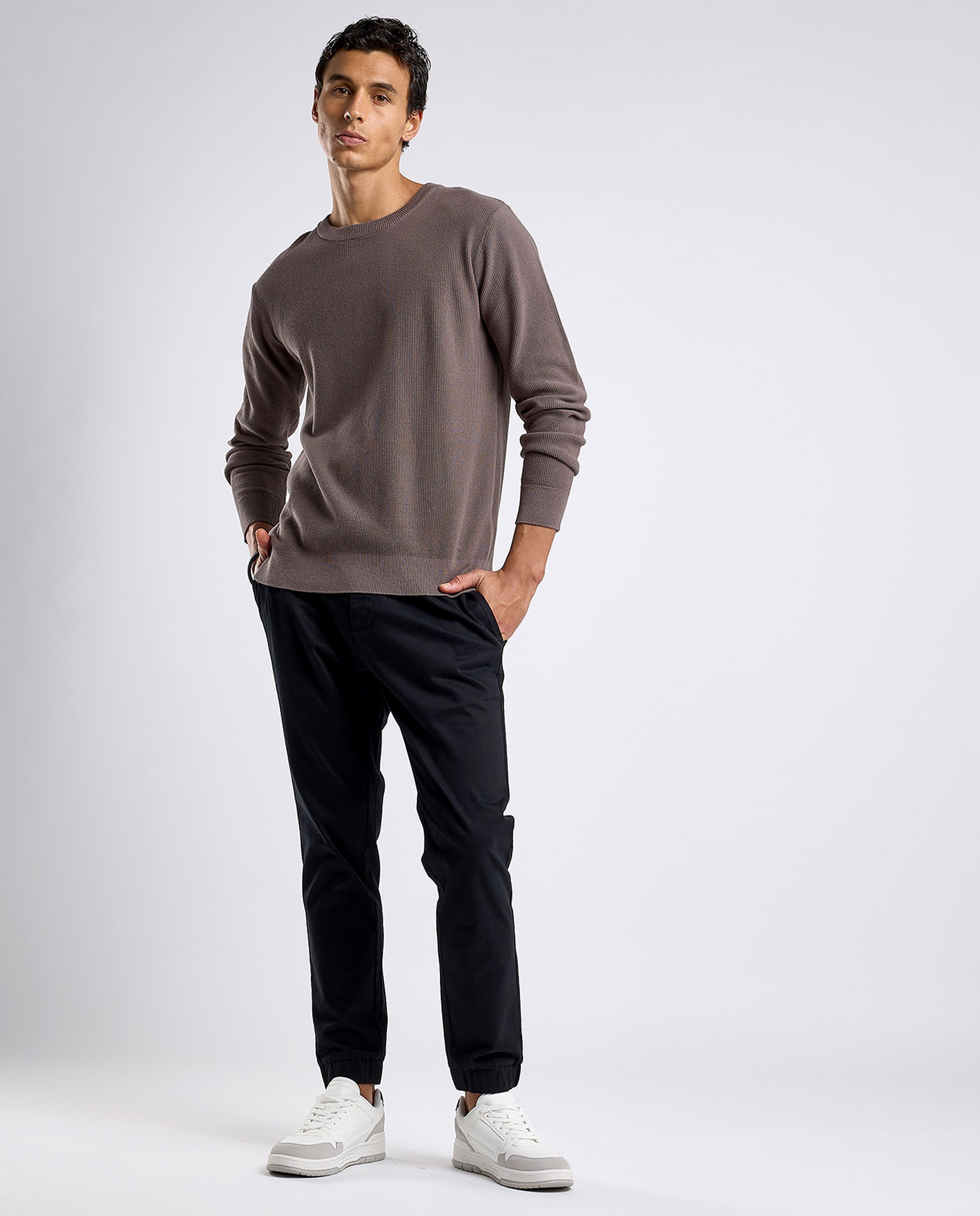 Textured Sweater with Crew Neck and Long Sleeves