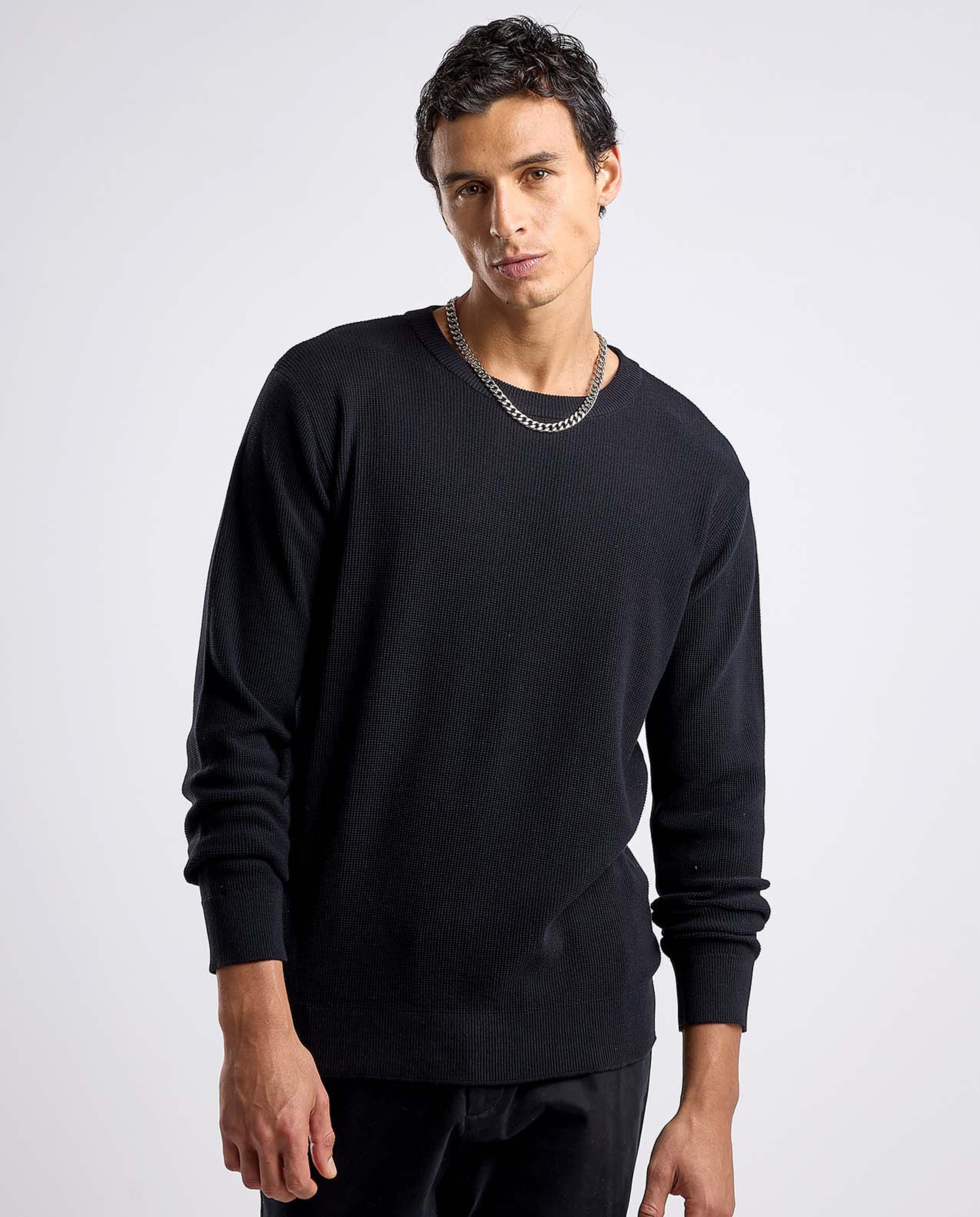Textured Sweater with Crew Neck and Long Sleeves