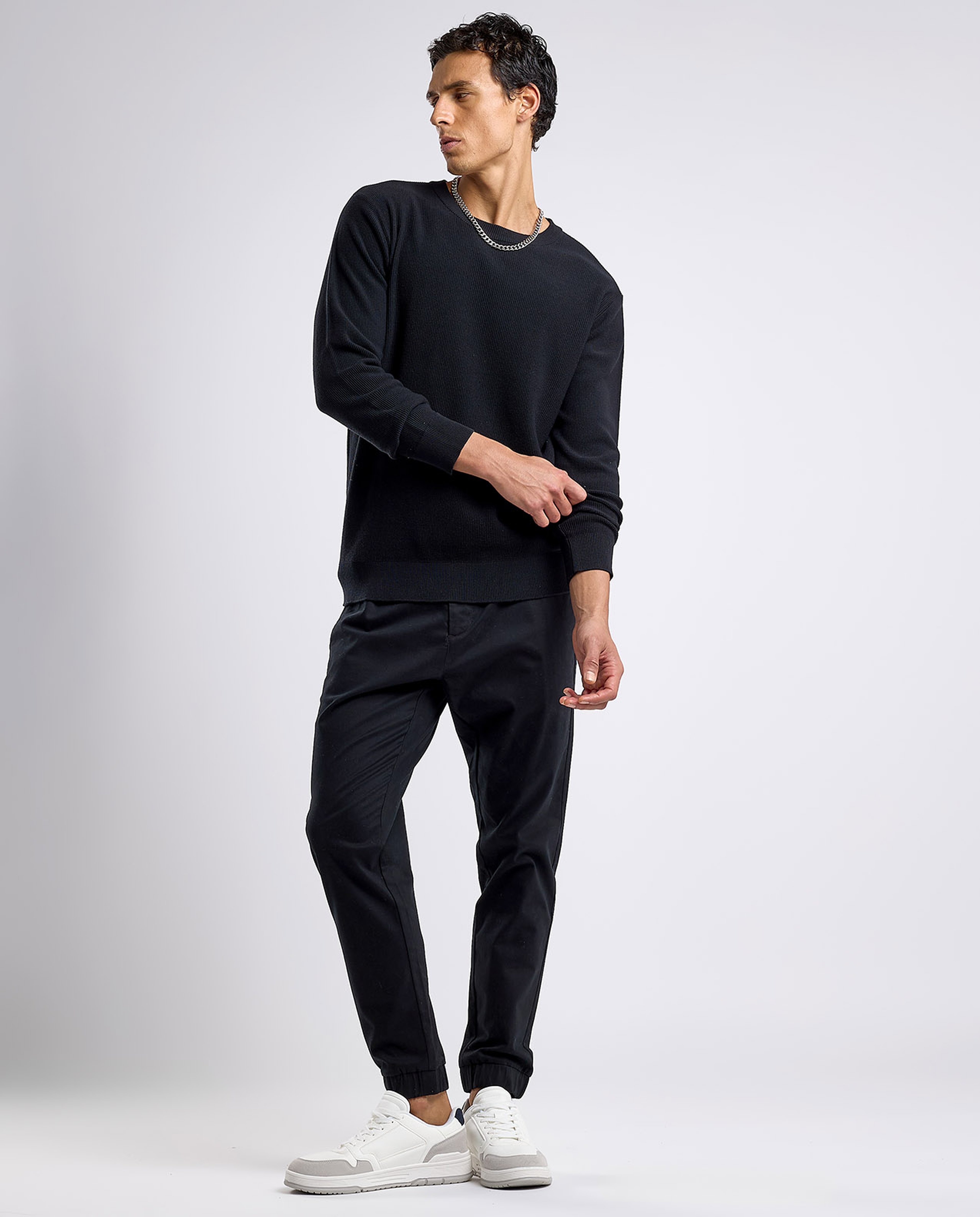 Textured Sweater with Crew Neck and Long Sleeves