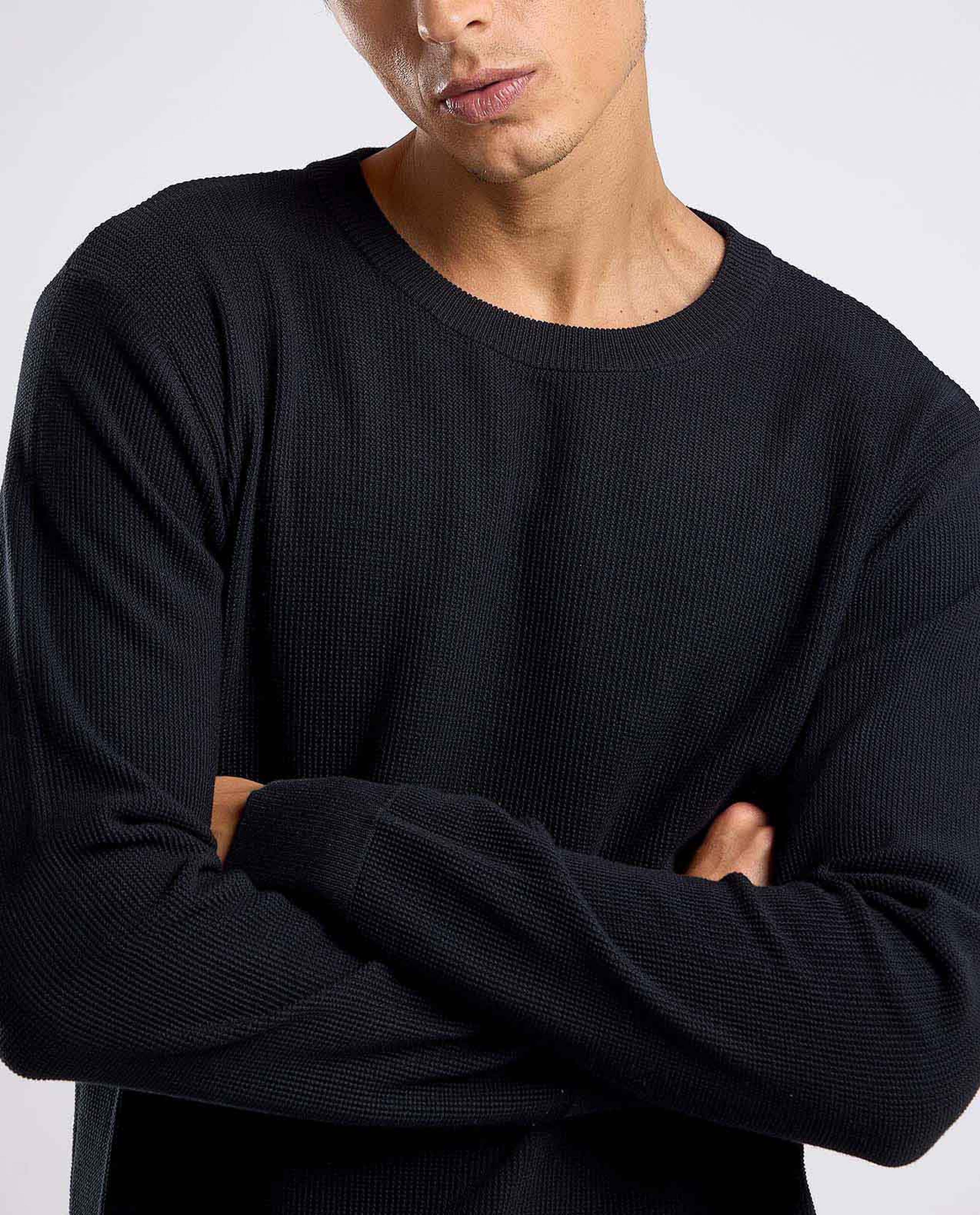 Textured Sweater with Crew Neck and Long Sleeves