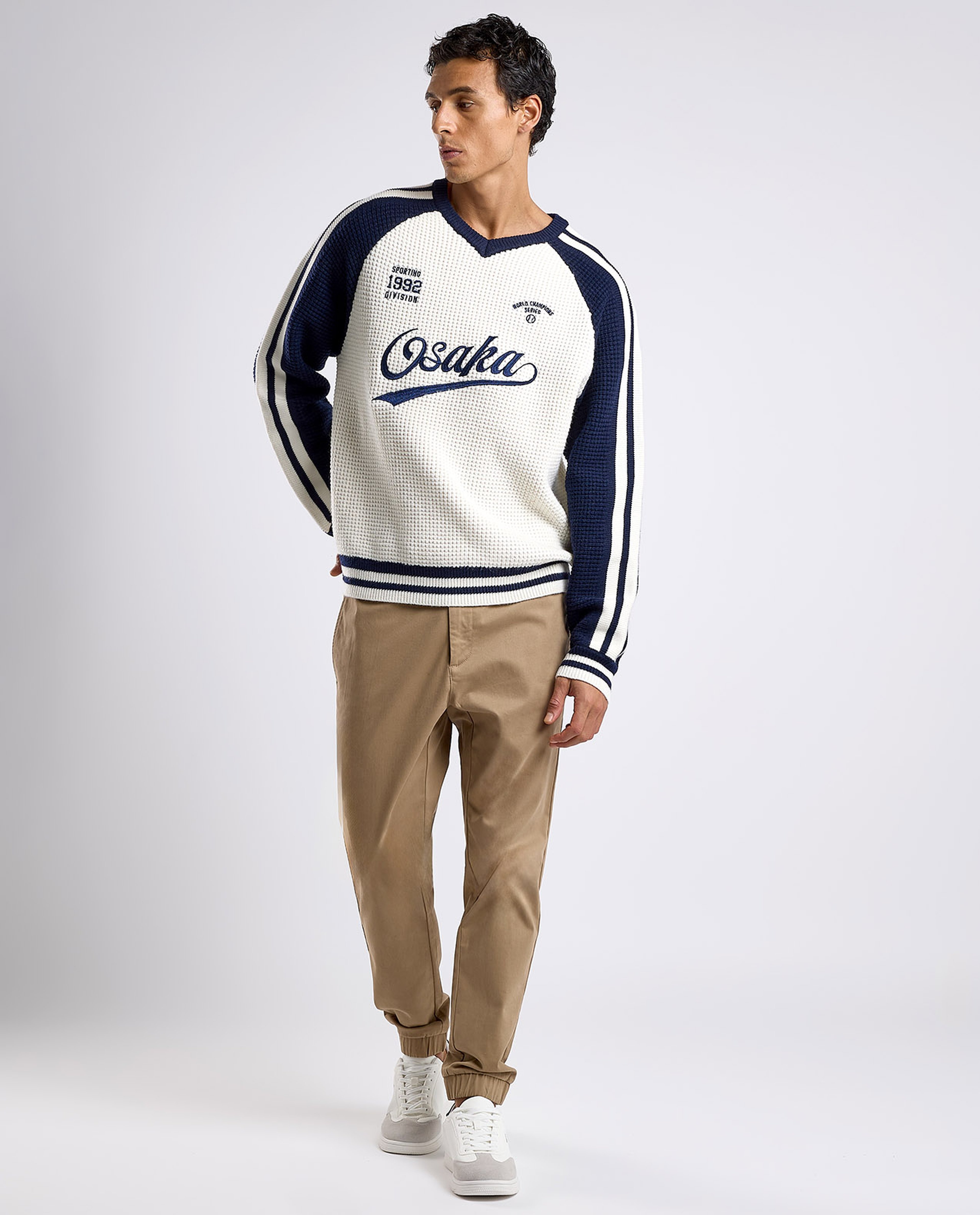 Color Block Sweater with V-Neck and Long Sleeves