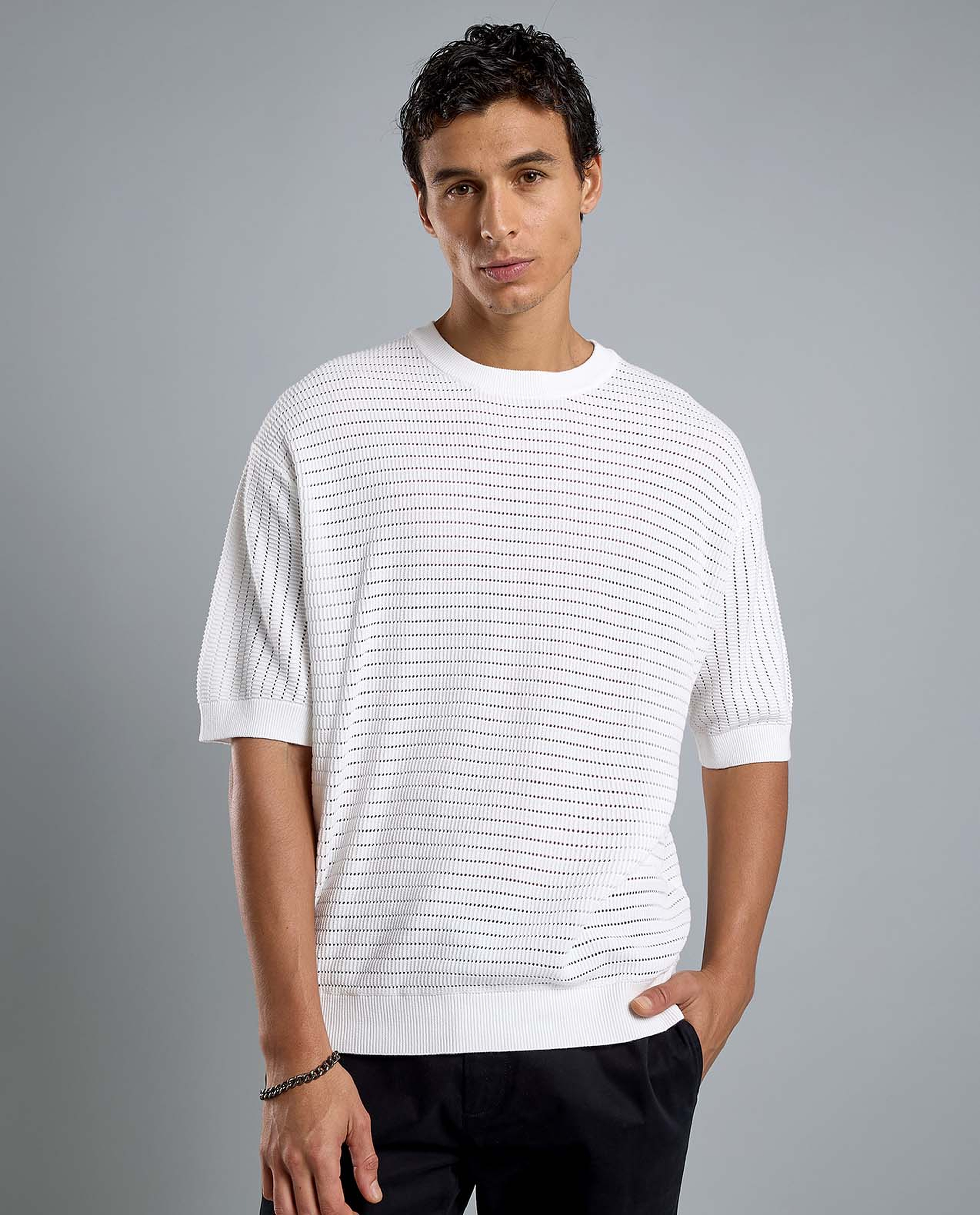 Textured T-Shirt with Crew Neck and Short Sleeves