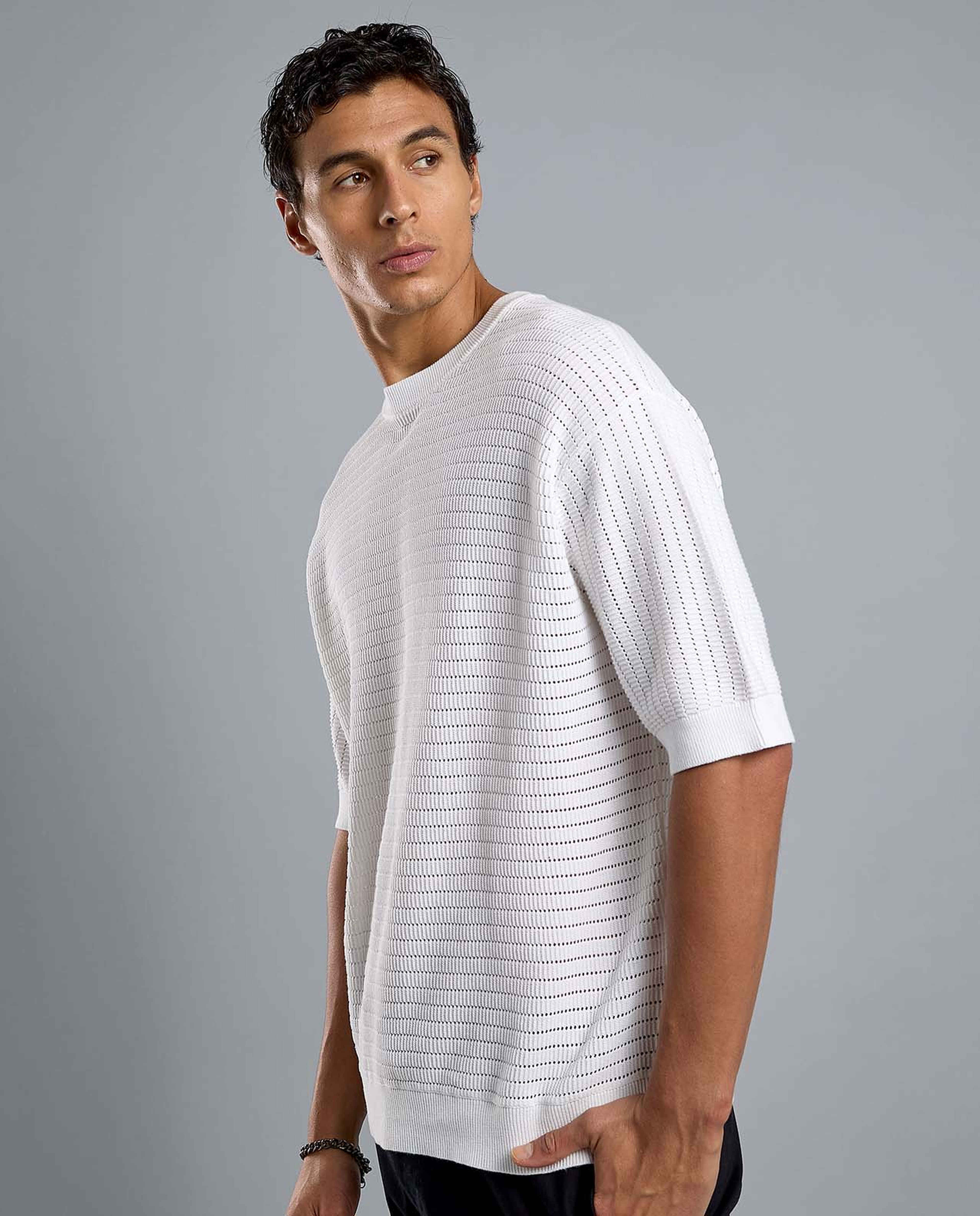 Textured T-Shirt with Crew Neck and Short Sleeves