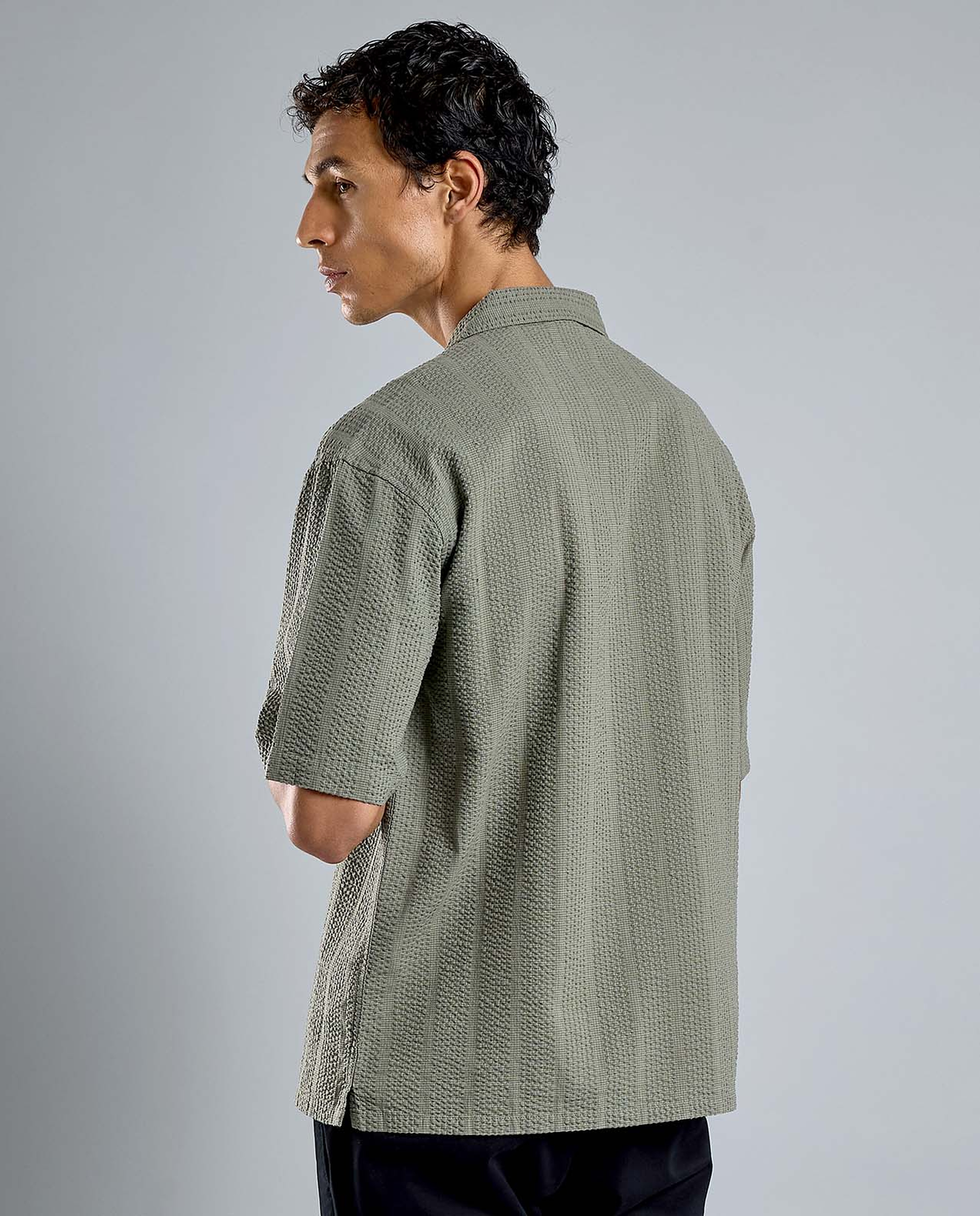 Striped Shirt with Revere Collar and Short Sleeves