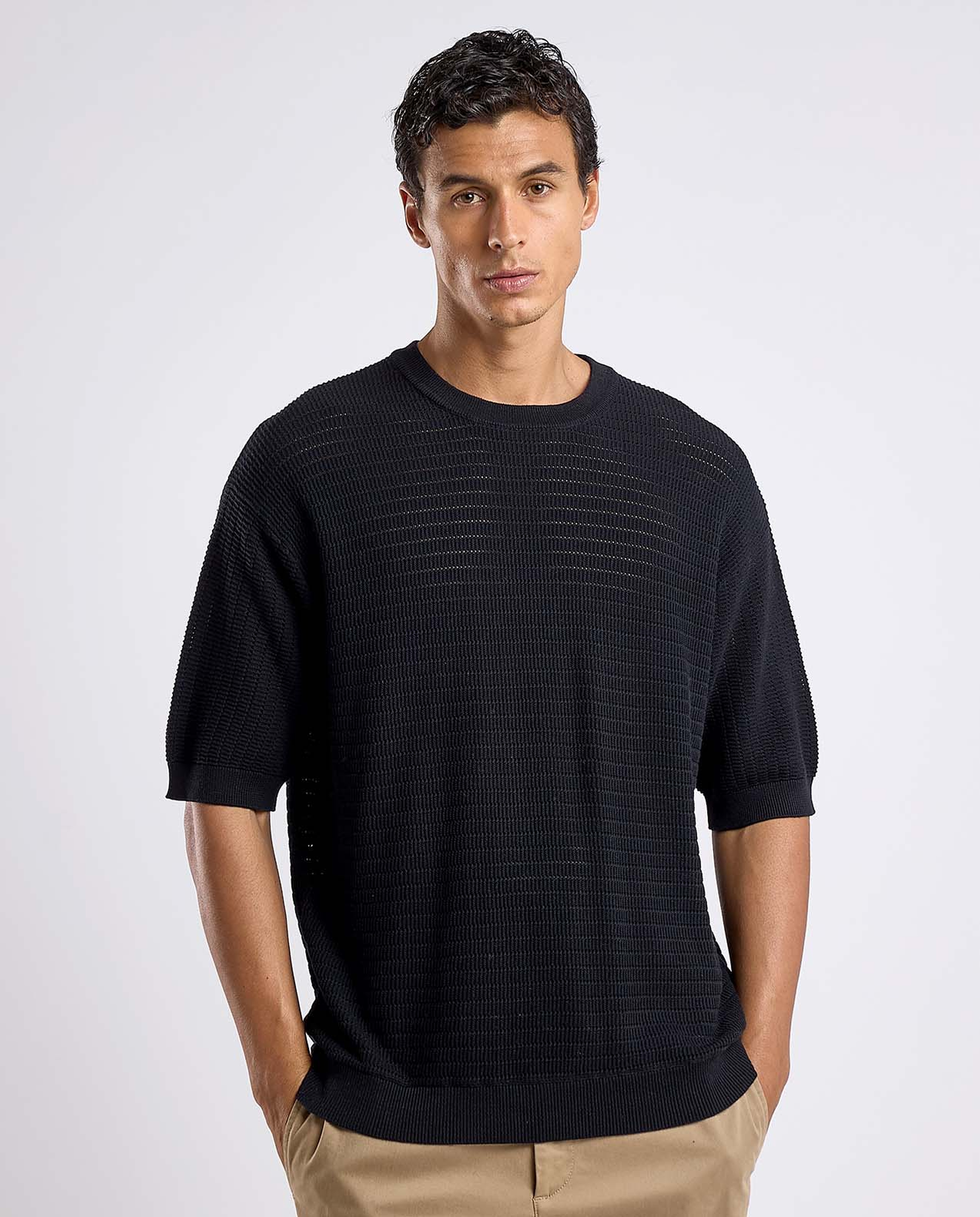 Textured T-Shirt with Crew Neck and Short Sleeves
