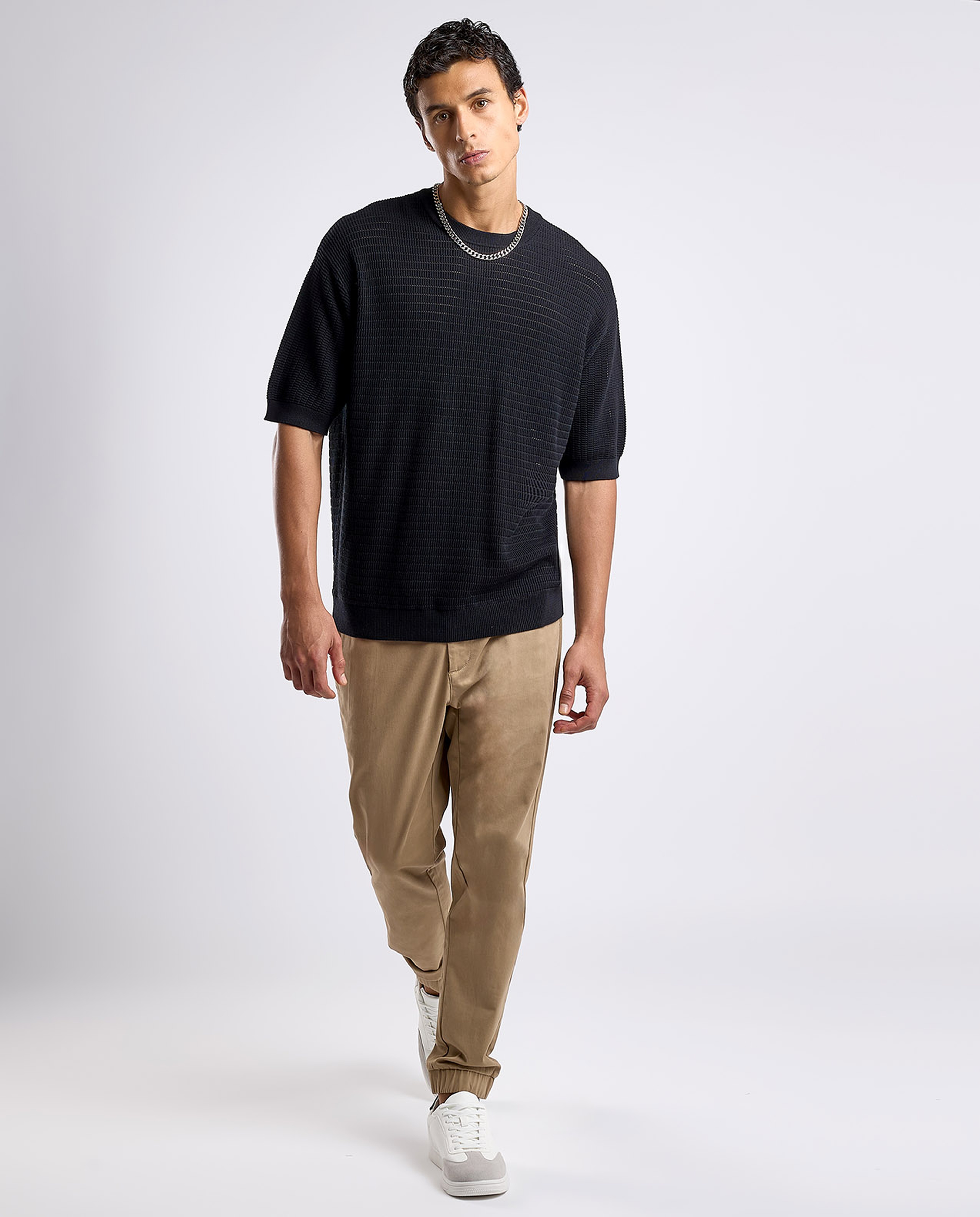 Textured T-Shirt with Crew Neck and Short Sleeves