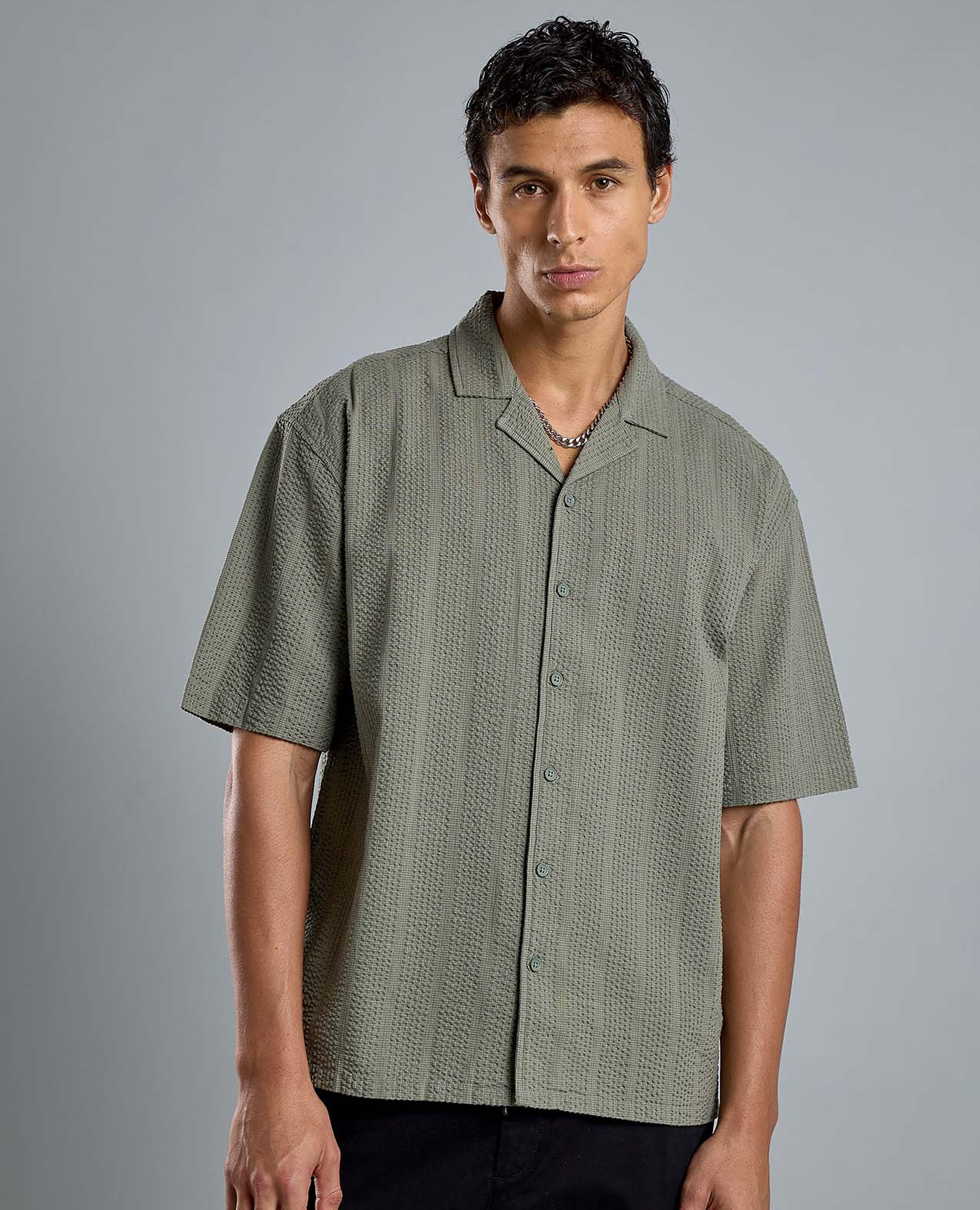 Striped Shirt with Revere Collar and Short Sleeves